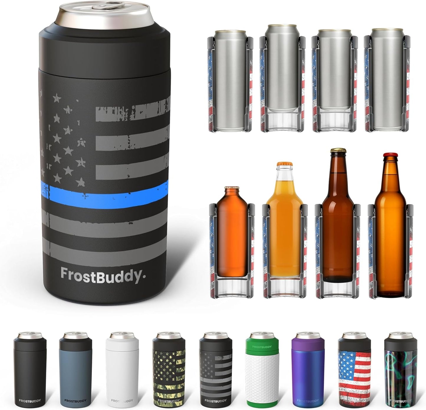 Frost Buddy Universal Can Cooler - Fits All - For Regular 12 & 16 oz or Slim-Size Bottles - Insulated Double-Walled Stainless Steel (MatteBlack)