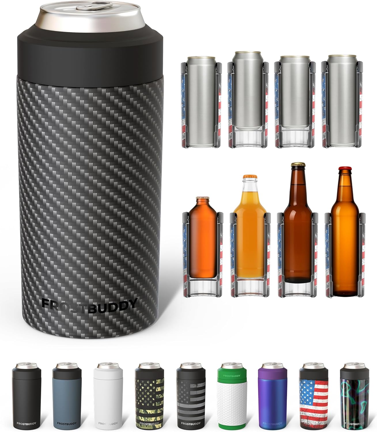 Frost Buddy Universal Can Cooler - Fits All - For Regular 12 & 16 oz or Slim-Size Bottles - Insulated Double-Walled Stainless Steel (MatteBlack)