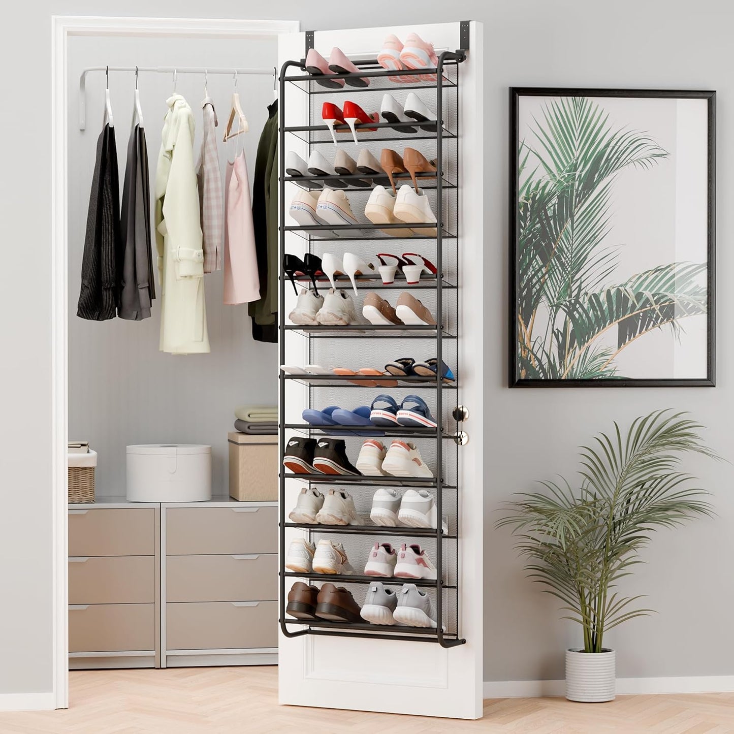 Whitmor 36 Pair Over The Door Shoe Organizer, 12 Tier Hanging Shoe Organizer, Heavy Duty Metal & Mesh Shoe Holder, Hanging Shoe Rack for Closet Organizer & Storage, 69"L x 21.7"W x 7.5"H, White