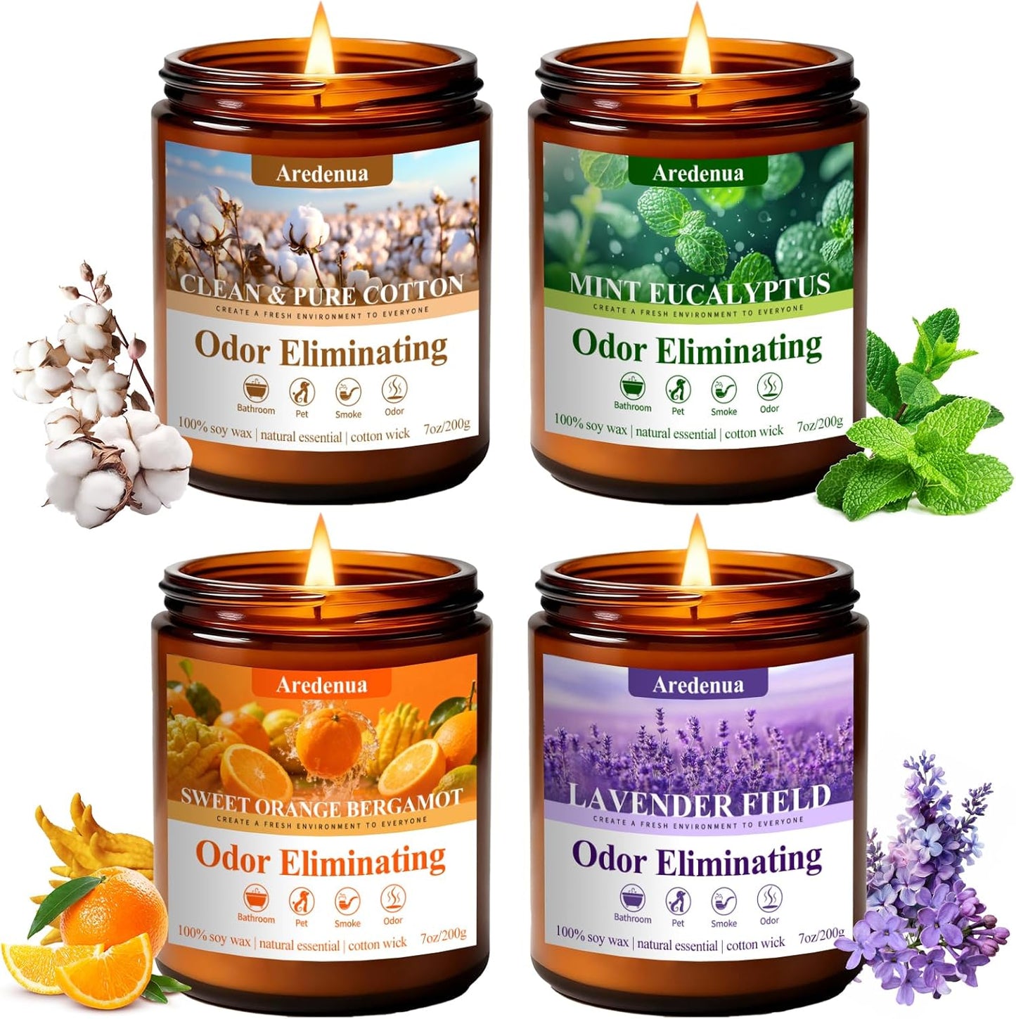 4 Pack Odor Eliminating Candles Set - Eliminates 95% of Pet, Smoke, Food & Other Smells - Hand Poured Non-Toxic Soy Candle, Air Freshing Scent of Lavender/Orange/Mint/Cotton - Gifts Set for Women