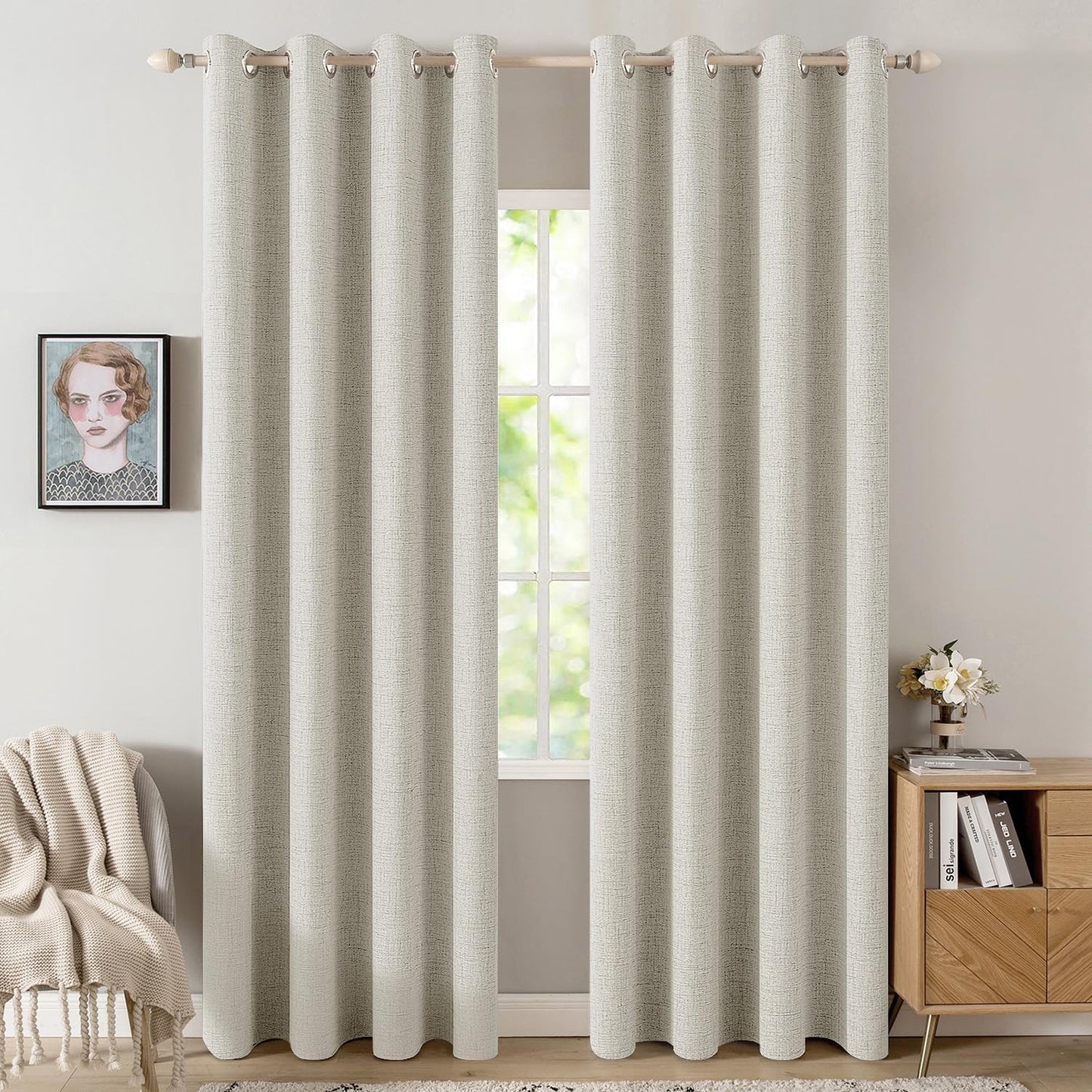 MIULEE 100% Blackout Linen Textured Curtains for Bedroom Solid Thermal Insulated Natural Beige Grommet Room Darkening Curtains & Drapes Luxury Decor for Living Room Nursery 52 x 84 Inch (2 Panels)