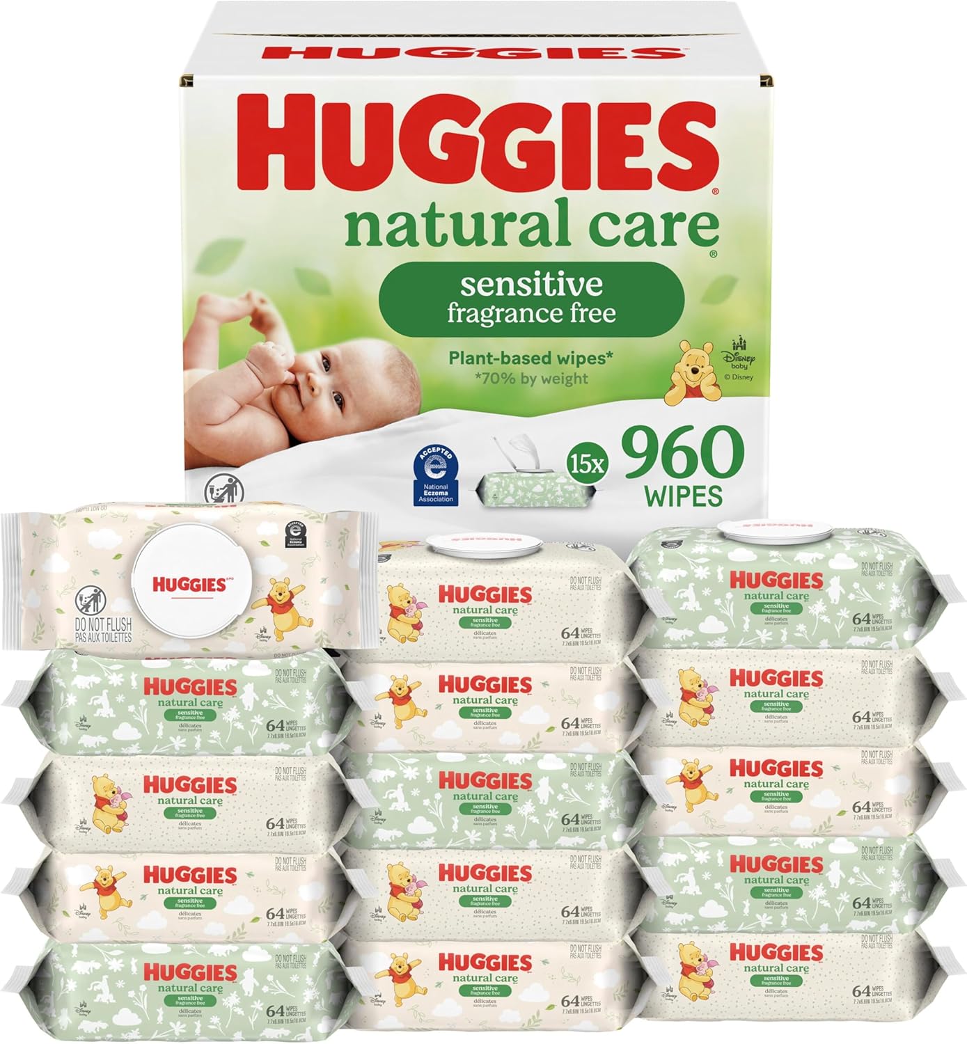 Huggies Natural Care Sensitive Baby Wipes, Unscented, Hypoallergenic, 99% Purified Water, 12 Flip-Top Packs (768 Wipes Total), Packaging May Vary