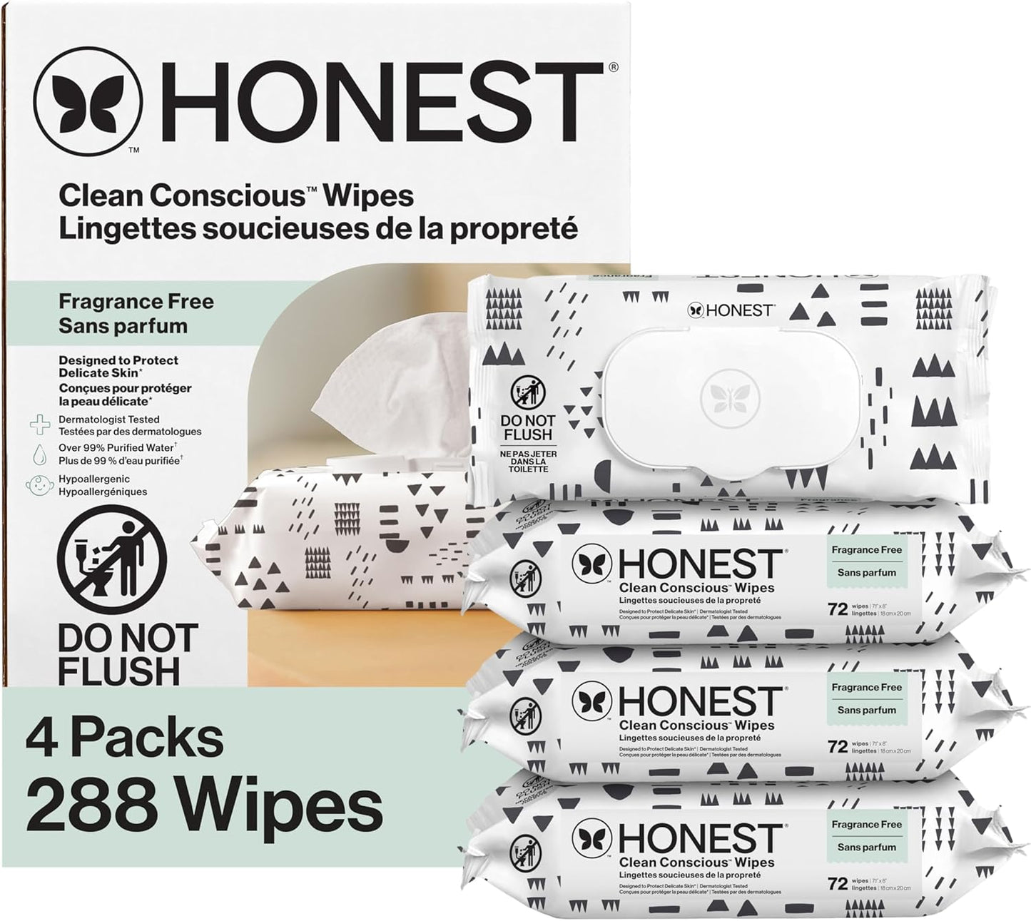 The Honest Company Baby Wipes for Sensitive Skin, Hypoallergenic, Fragrance-Free, Multi-Use, Pattern Play Design, 720 Count (8 Packs of 90)