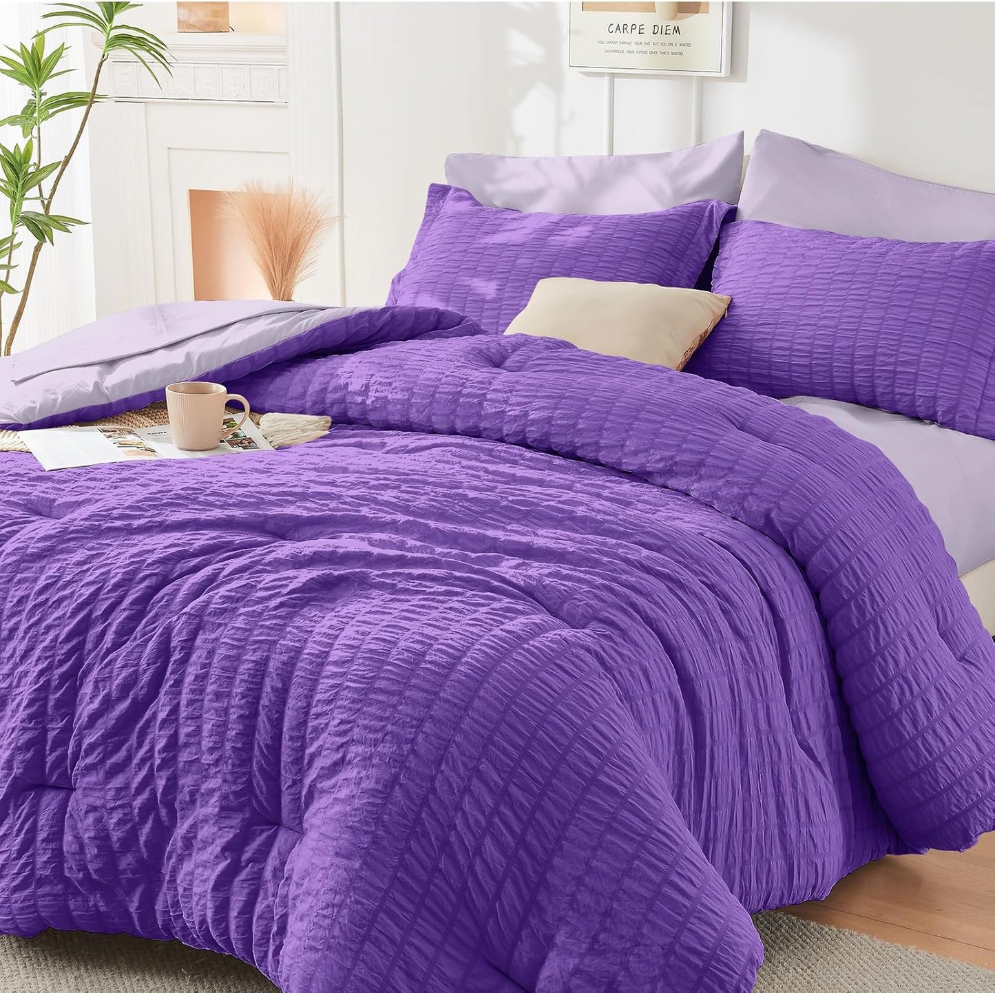 HYMOKEGE Queen Comforter Set Seersucker 7 Pieces, All Season Luxury Bed in a Bag for Bedroom, Bedding Set with Comforters, Sheets, Pillowcases & Shams, Dark Grey