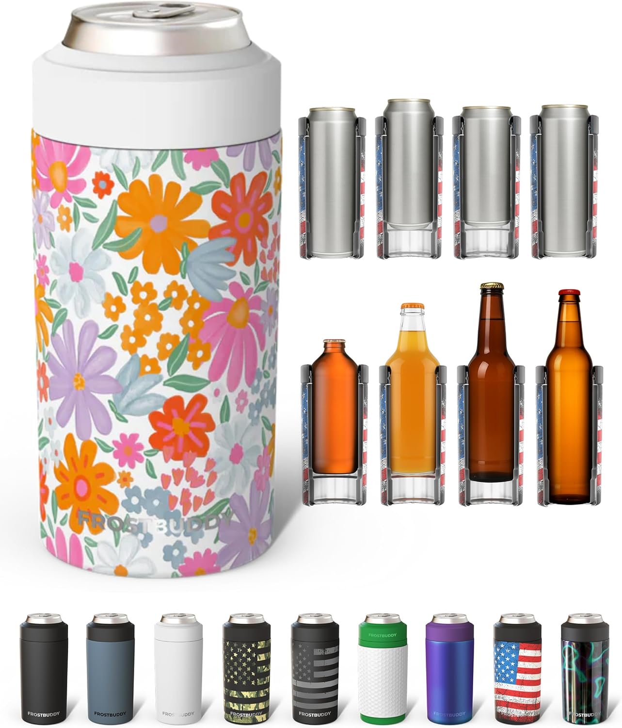 Frost Buddy Universal Can Cooler - Fits All - For Regular 12 & 16 oz or Slim-Size Bottles - Insulated Double-Walled Stainless Steel (MatteBlack)