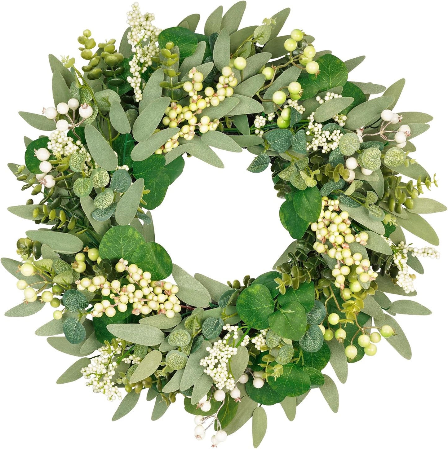 Vlorart Artificial Spring Summer Christmas Greenery Wreaths for Front Door Green Eucalyptus Leaf Wreath Decor Boxwood with Big Berries for Farmhouse Outside Year Round