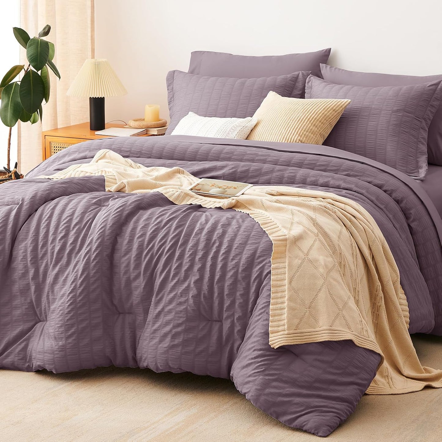 CozyLux Queen Comforter Set White Seersucker 7 Pieces Bed in a Bag Queen Comforter Set with Sheets, Luxury Soft Bedding Set with Down Alternative Comforter, Sheets, Pillowcases & Shams for All Seasons