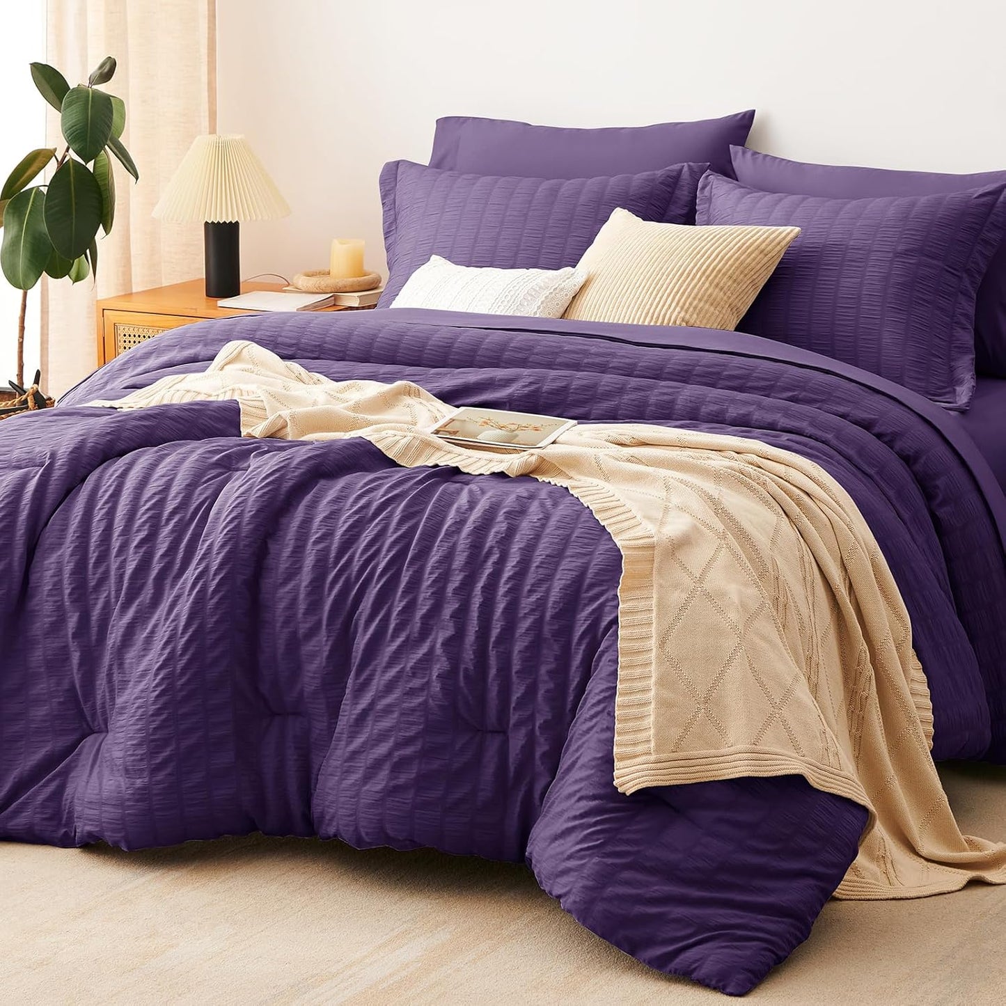 CozyLux Queen Comforter Set White Seersucker 7 Pieces Bed in a Bag Queen Comforter Set with Sheets, Luxury Soft Bedding Set with Down Alternative Comforter, Sheets, Pillowcases & Shams for All Seasons