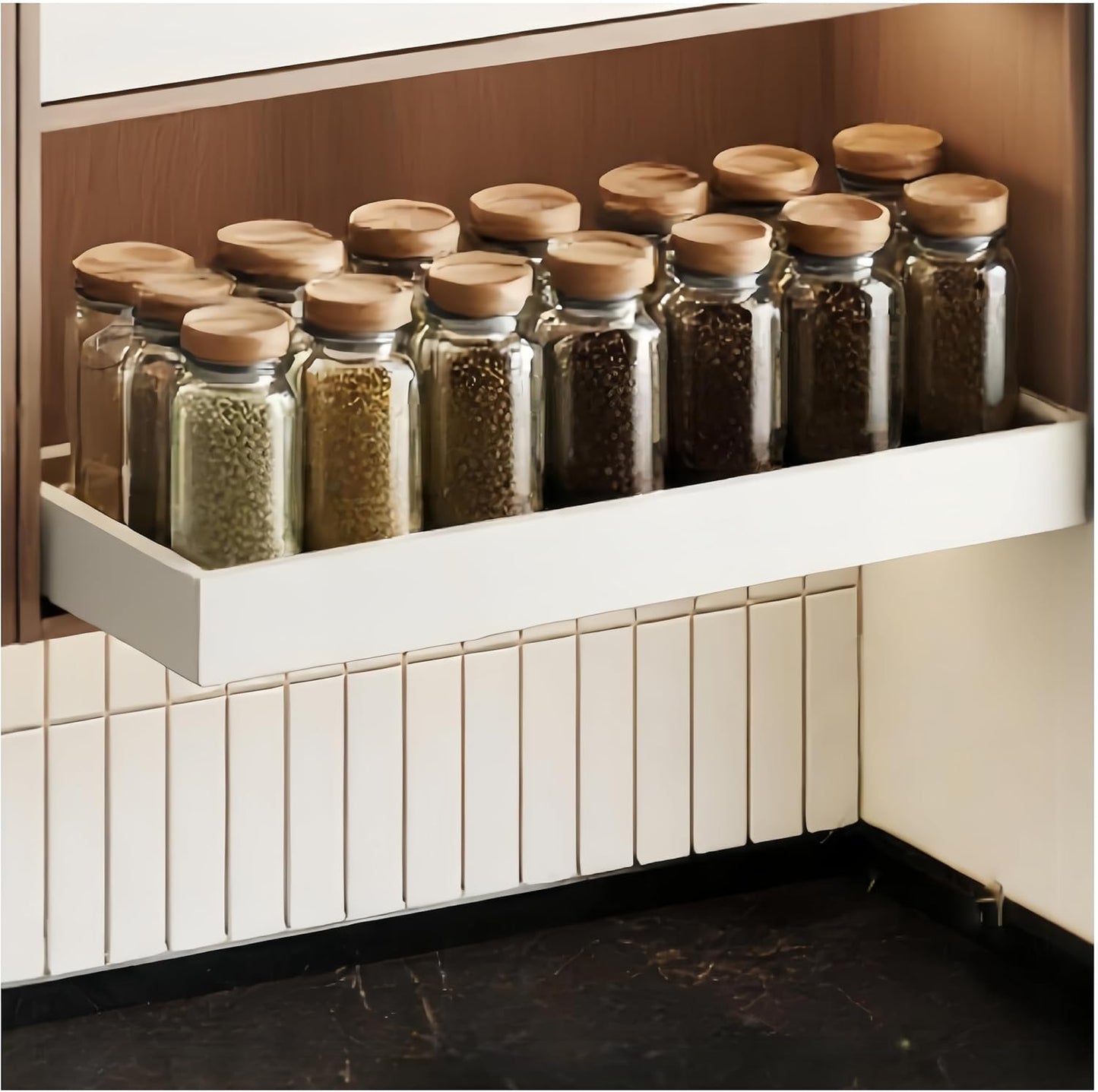 Pull out Cabinet Organizer,Width (14"-21") and Depth (17"-24") Expandable With 3 Rails,No Drill Adjustable Slide out Drawers for Kitchen,Pantry,Adhesive Roll out Shelves,for Cabinets Without Lip,White