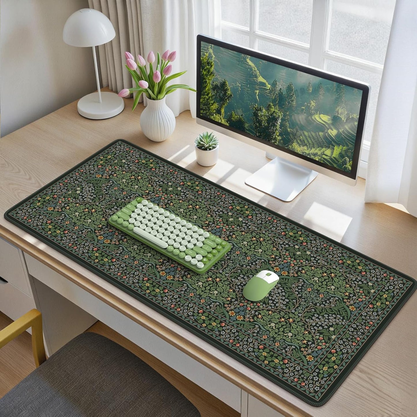 iCasso Pink Floral Desk Mat, Desk Pad, XXL Large Mouse Pad, Anti-Slip Big Mousepad with Stitched Edges, Computer Mouse Pads for Desktop Decor, Cute Office Desk Accessories for Women(Pink)