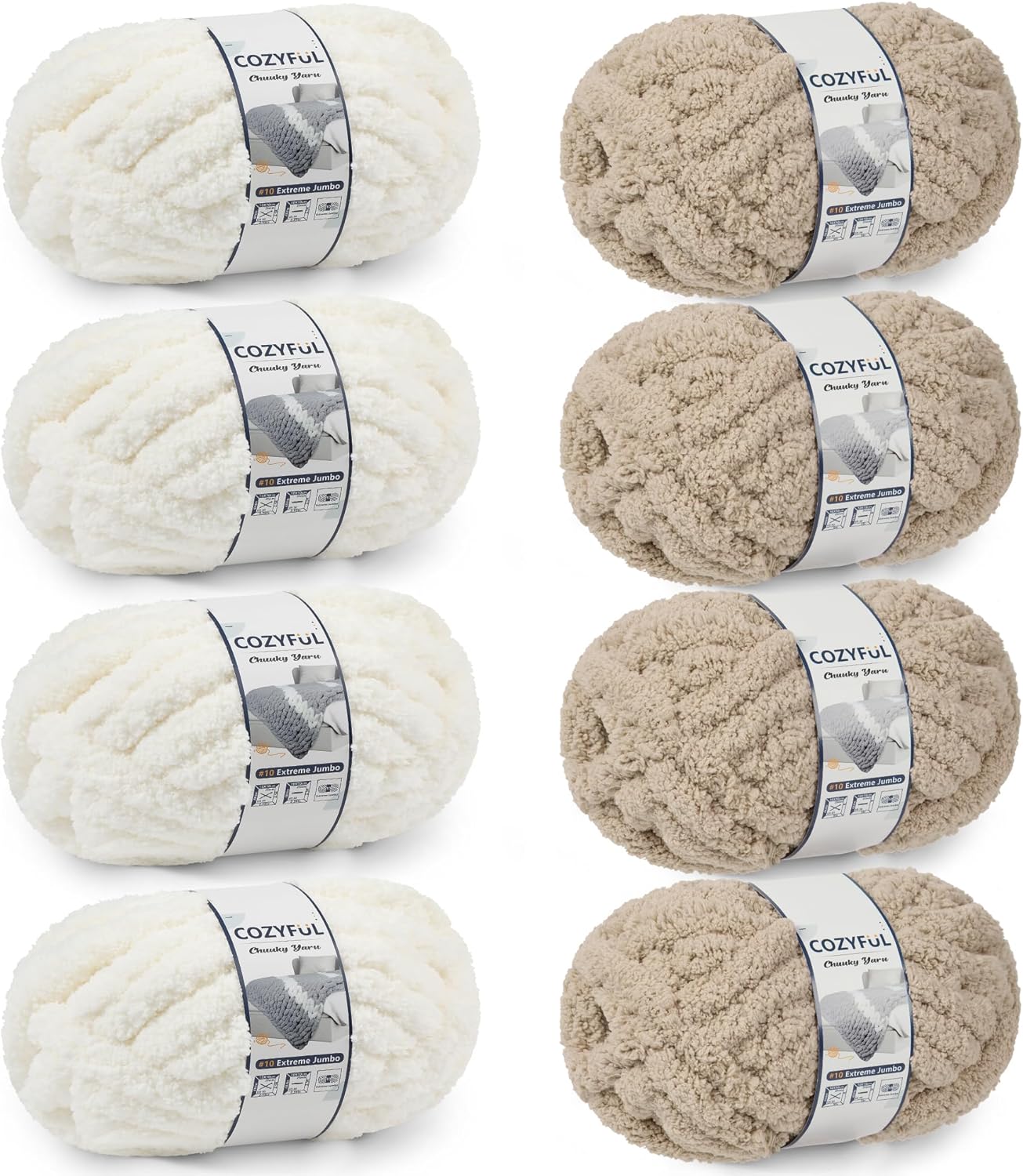 Chunky Yarn for Hand Knitting - #10 Chunky Chenille Yarn, Jumbo Big Thick Chunky Yarns for Crocheting, Super Bulky Chunky Knit Blanket Yarns, 8 Skein (25 yds 8 oz Each Skein), Cream