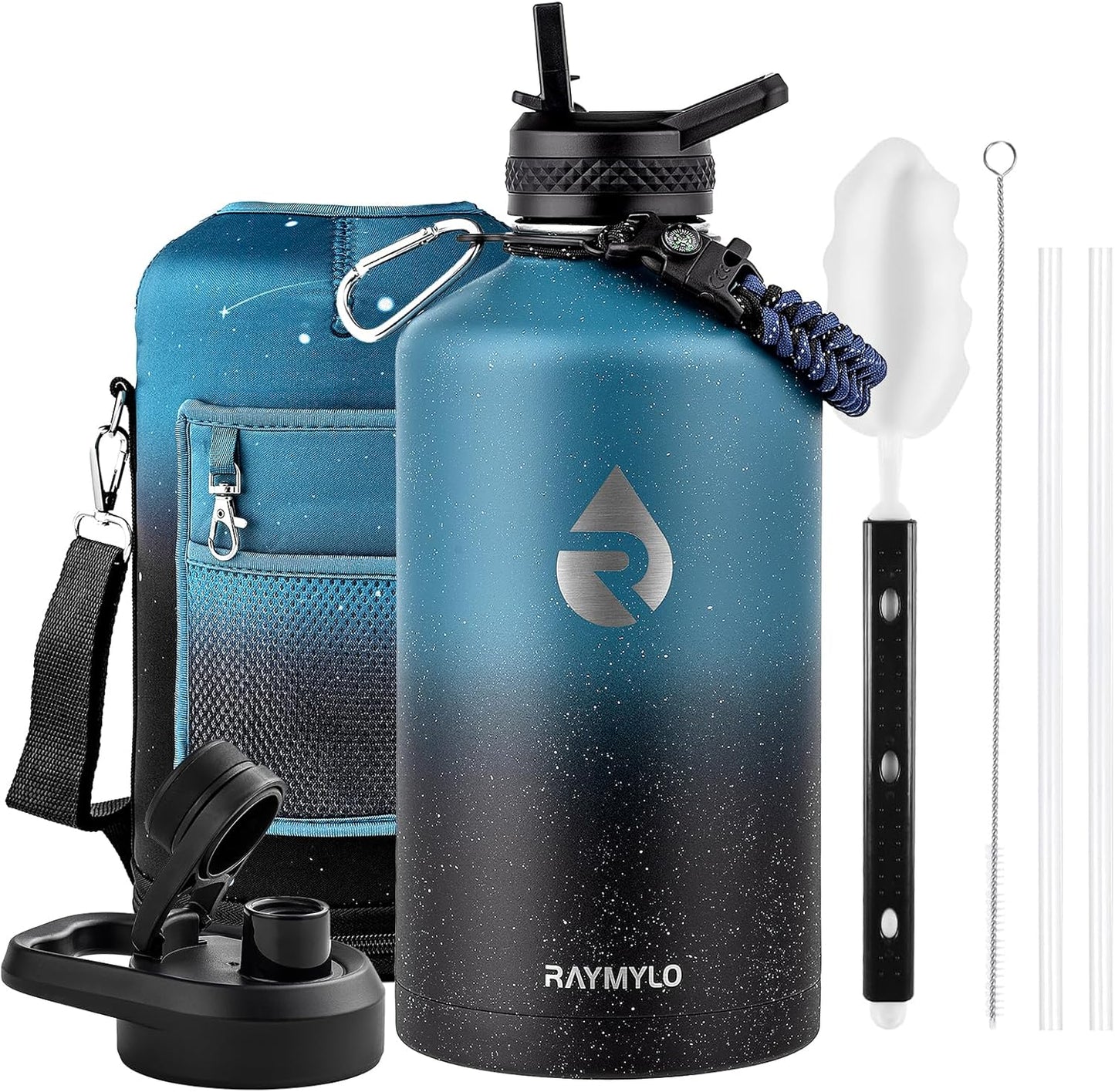 One Gallon Water Bottle Insulated, Triple Walled Vacuum Stainless Steel (Cold for 48 Hrs), Leak Proof & Non-BPA, Large Water Flask Jug with Paracord Handle & Straw Spout Lids