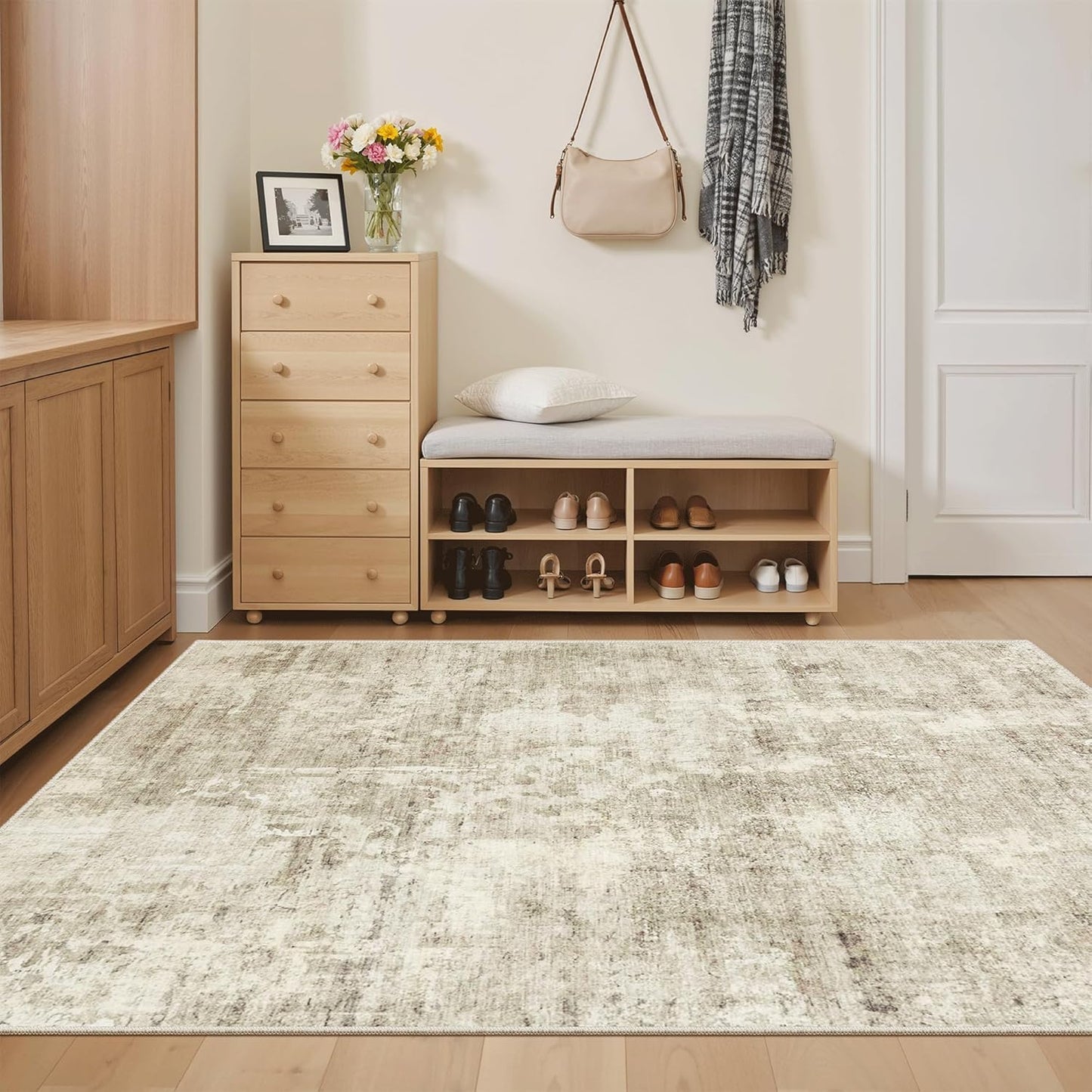 Washable Area Rug 8x10, Large Soft Rugs for Living Room Vintage Beige Carpet 8x10 Area Rugs for Bedroom Dining Room Non-Slip Stain Resistant Under Table Rug