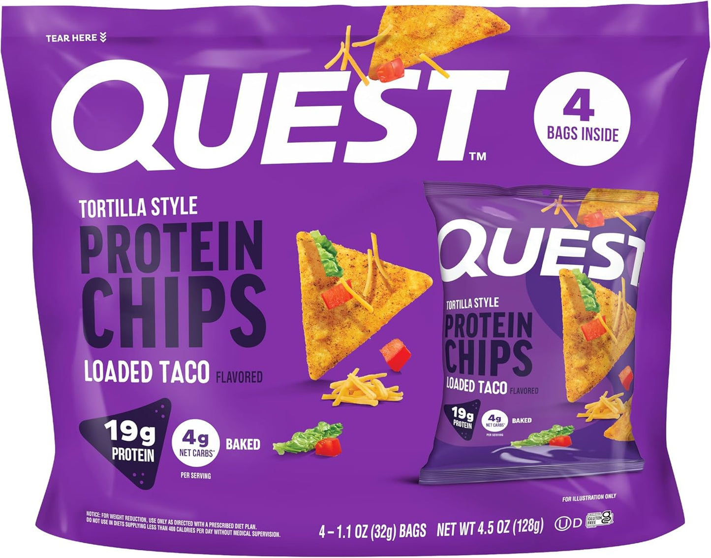 Quest Nutrition Nacho Cheese Tortilla Style Protein Chips, 18g Protein, 4g Net Carb, Low Carb, Gluten Free, 1.1 oz (Pack of 12)