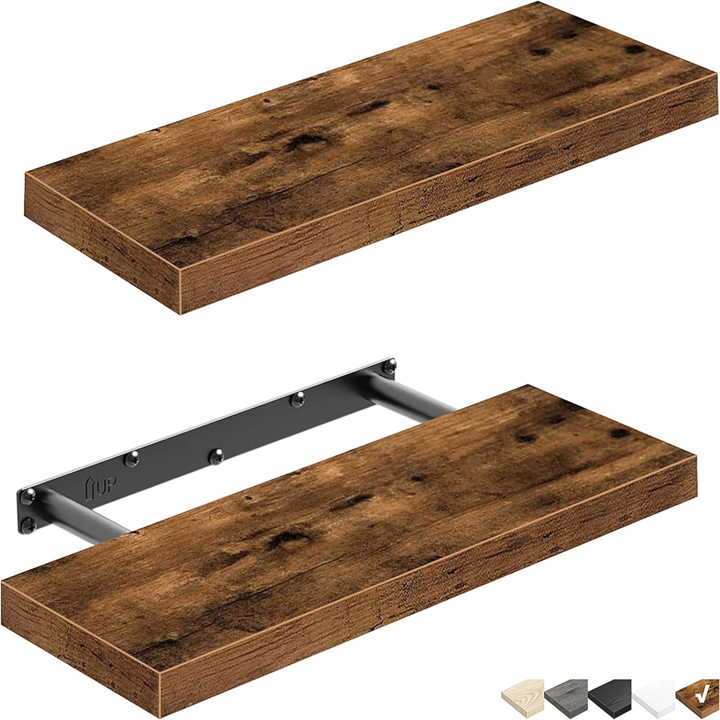 QEEIG Floating Shelves for Wall Bathroom Shelf Bedroom Kitchen Living Room Hanging Book Shelves Small Farmhouse Decor 16 inch Set of 3, Rustic Brown (015-BN3)