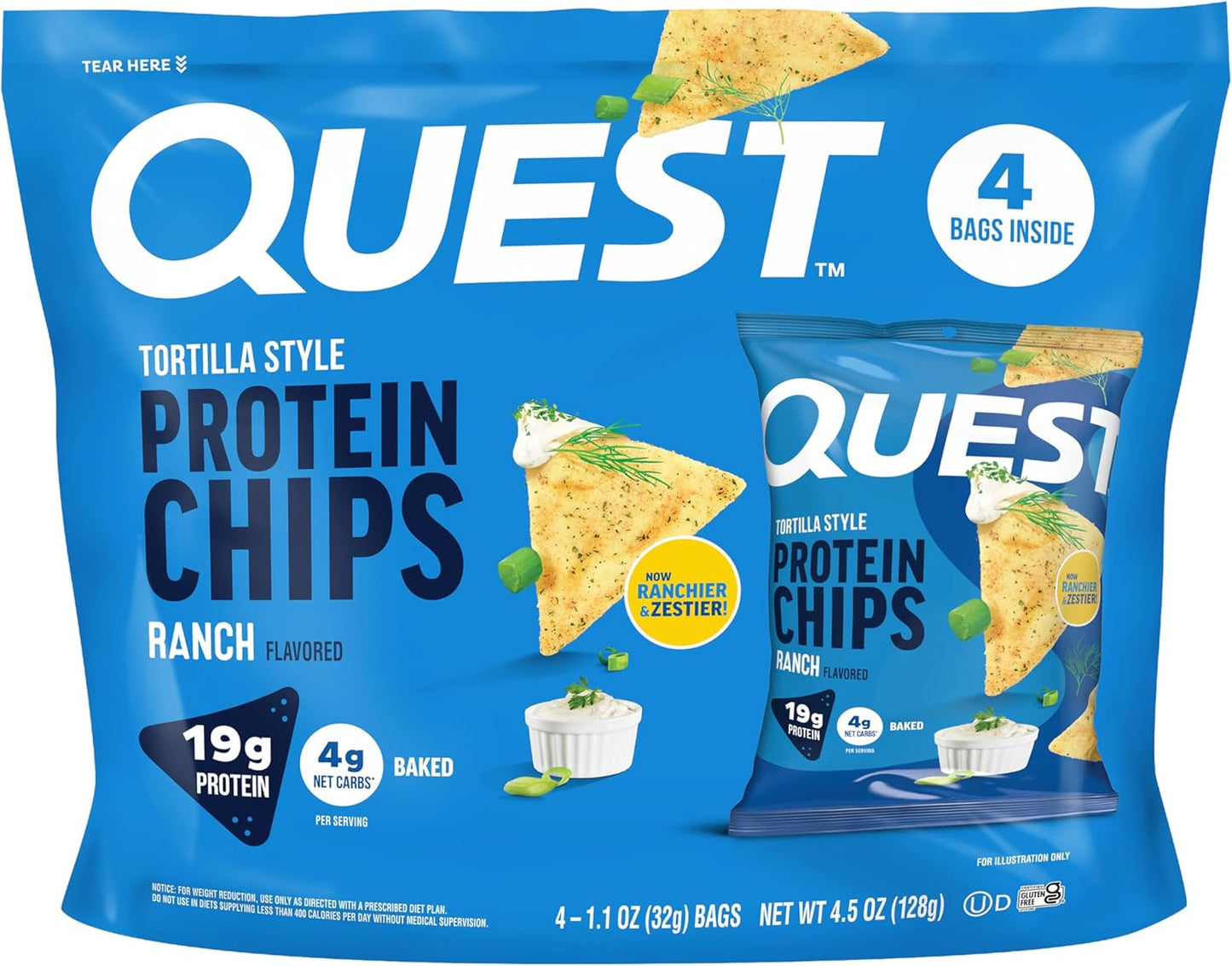 Quest Nutrition Nacho Cheese Tortilla Style Protein Chips, 18g Protein, 4g Net Carb, Low Carb, Gluten Free, 1.1 oz (Pack of 12)