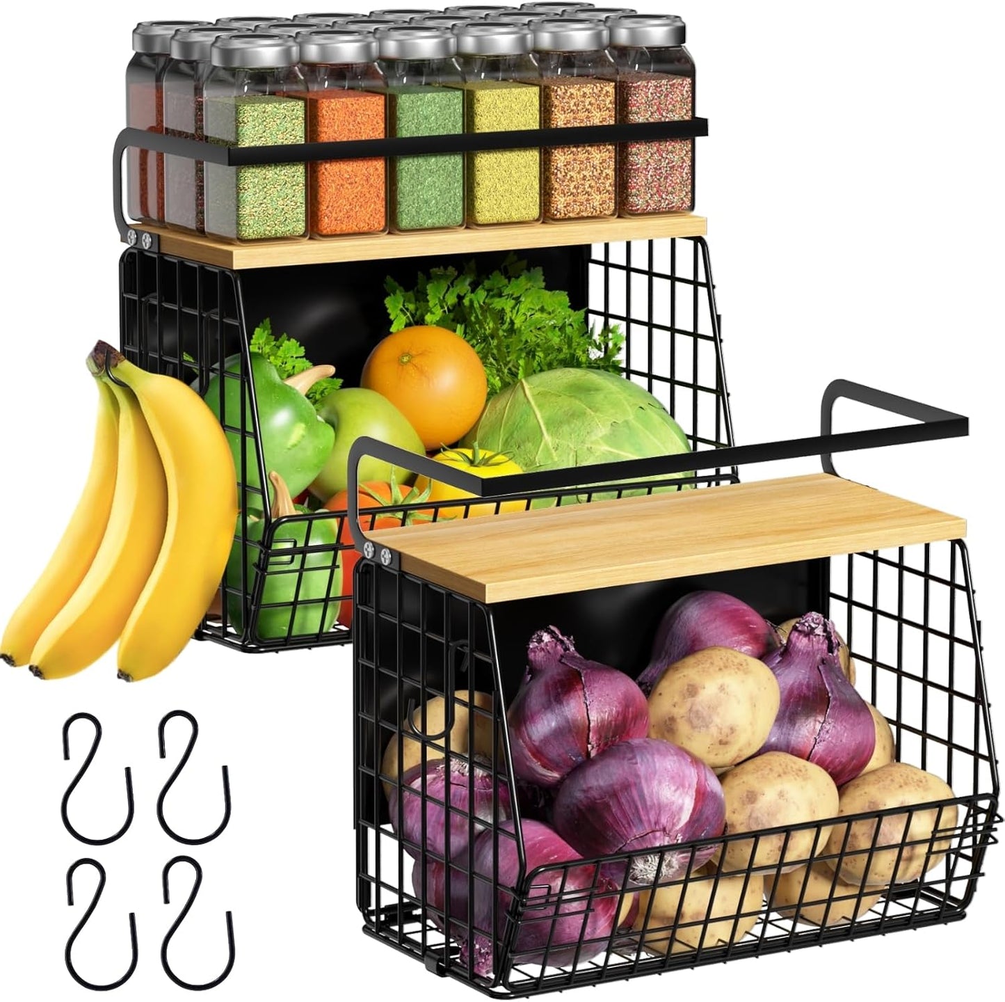 Ofiray-home Magnetic Shelf for Fridge with Wood Lid, Fruit Potato and Onion Storage Bins, Pantry Organizers & Storage, Large Container Magnetic Spice Rack for Refrigerator, Kitchen Counter, Cabinet