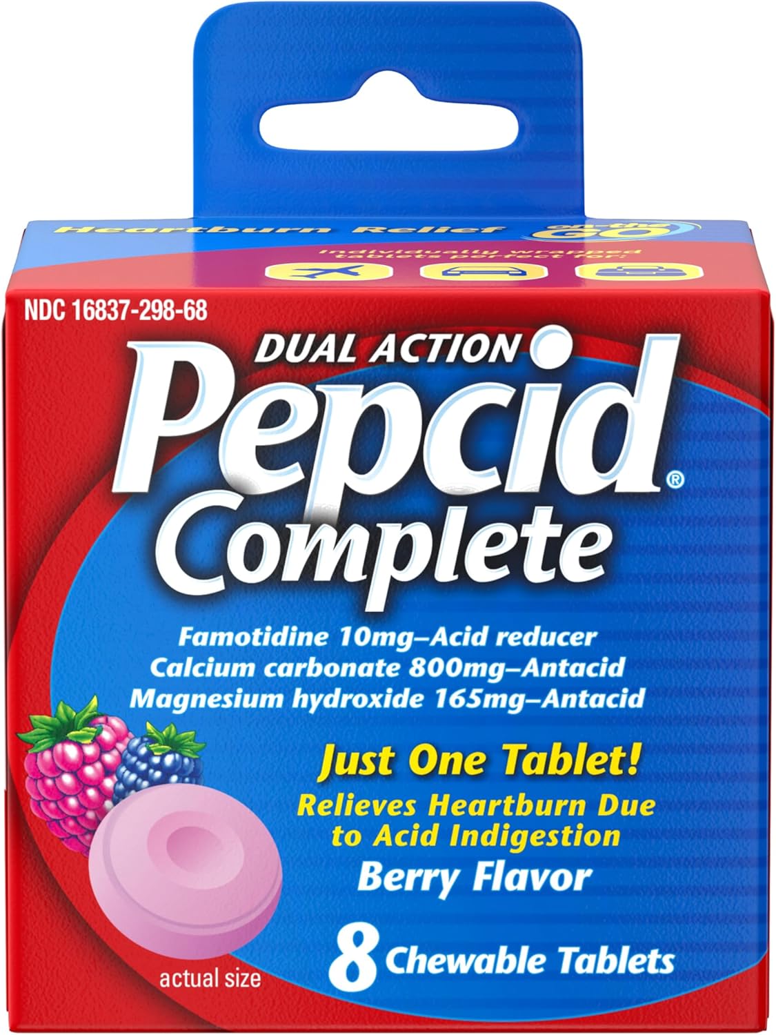 Pepcid Complete Acid Reducer + Antacid Chewables, 10mg Famotidine, 800mg Calcium Carbonate & 165mg Magnesium Hydroxide per Heartburn Medicine Tablet, Antacid Chews, Berry Flavored, 70 ct