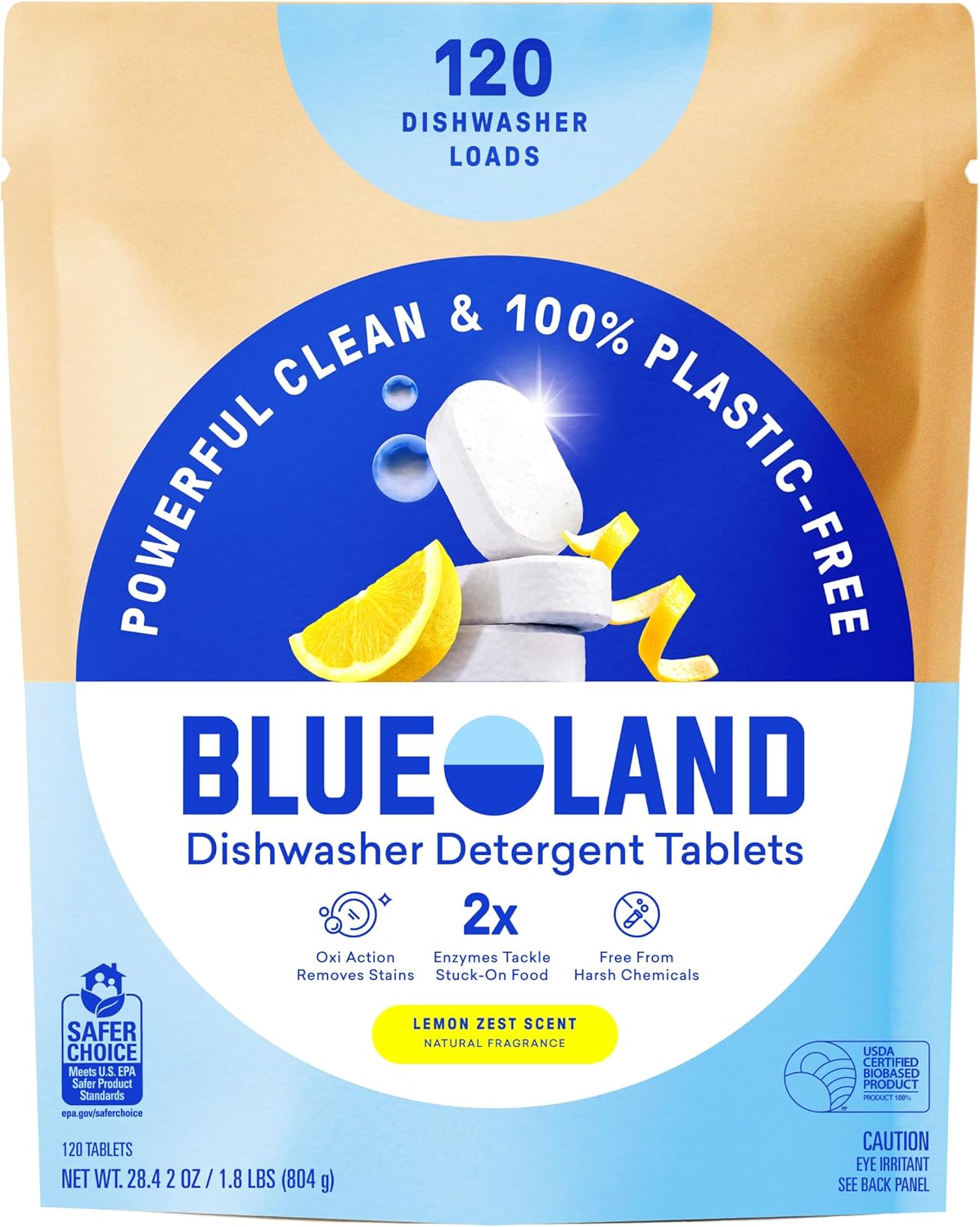 BLUELAND 100% Plastic-Free Dishwasher Detergent Tablets, 60 Count, Free & Clear, Eco-Friendly Dishwashing Pods, Natural, USDA Certified biobased