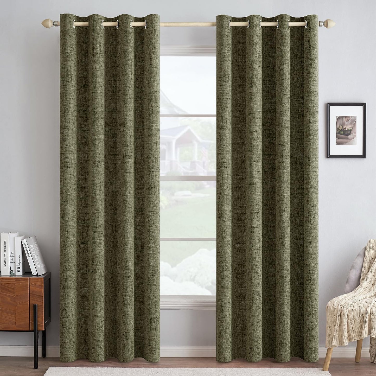 MIULEE 100% Blackout Linen Textured Curtains for Bedroom Solid Thermal Insulated Natural Beige Grommet Room Darkening Curtains & Drapes Luxury Decor for Living Room Nursery 52 x 84 Inch (2 Panels)