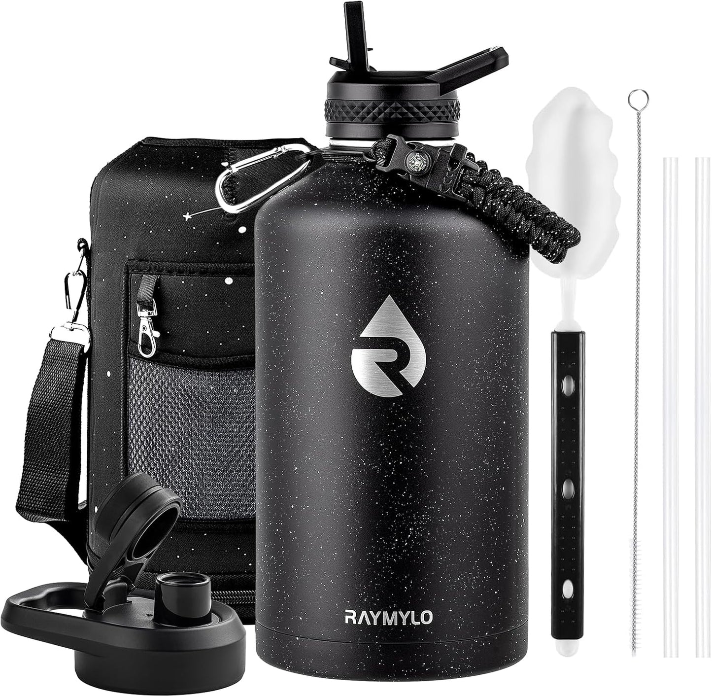 One Gallon Water Bottle Insulated, Triple Walled Vacuum Stainless Steel (Cold for 48 Hrs), Leak Proof & Non-BPA, Large Water Flask Jug with Paracord Handle & Straw Spout Lids