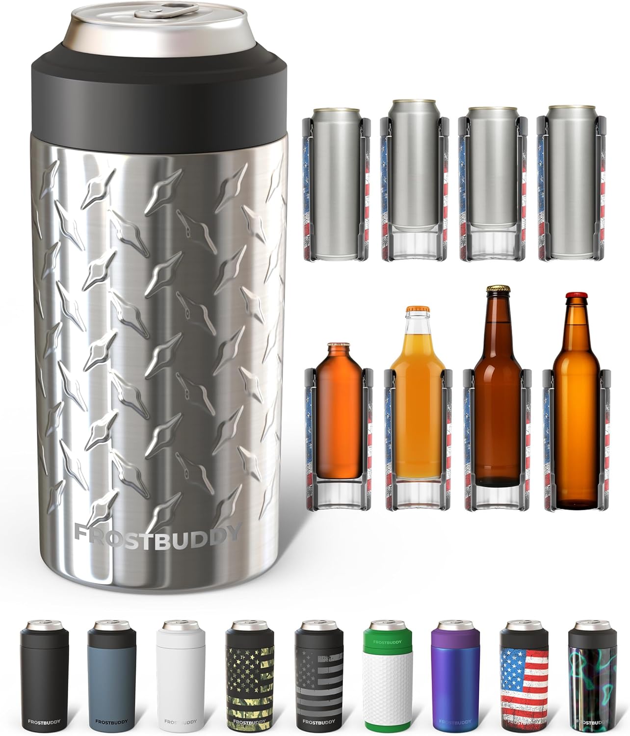 Frost Buddy Universal Can Cooler - Fits All - For Regular 12 & 16 oz or Slim-Size Bottles - Insulated Double-Walled Stainless Steel (MatteBlack)