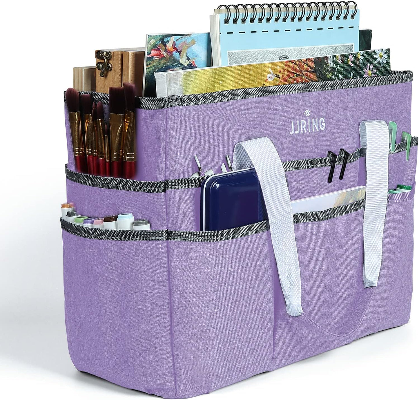 JJRING Craft Organizer Tote Bag, Large Art Storage Caddy with Multiple Pockets, Bluish Green Sewing Bag for Art, Craft, Scrapbooking, School, Medical, and Office Supplies Storage