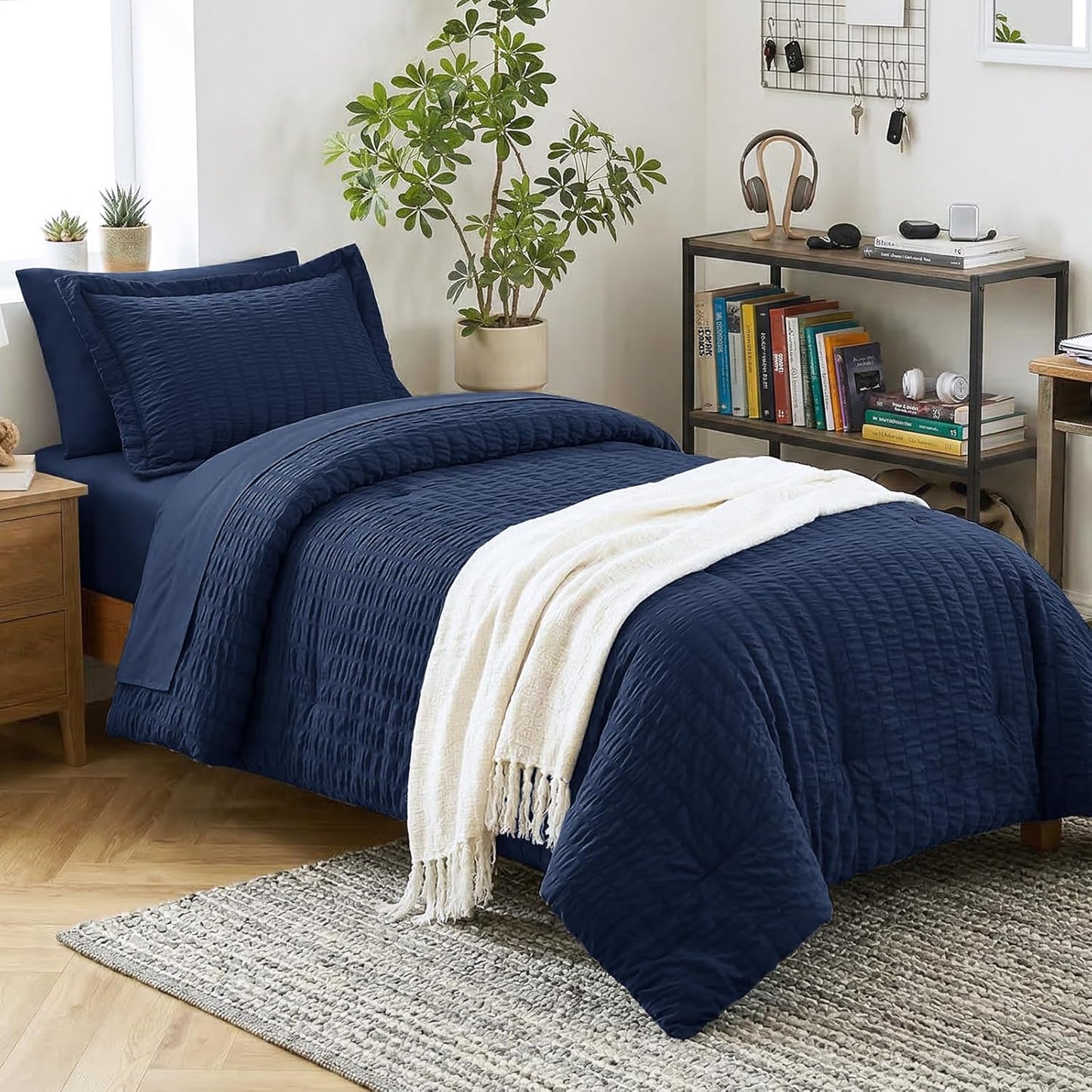 CozyLux Queen Comforter Set White Seersucker 7 Pieces Bed in a Bag Queen Comforter Set with Sheets, Luxury Soft Bedding Set with Down Alternative Comforter, Sheets, Pillowcases & Shams for All Seasons