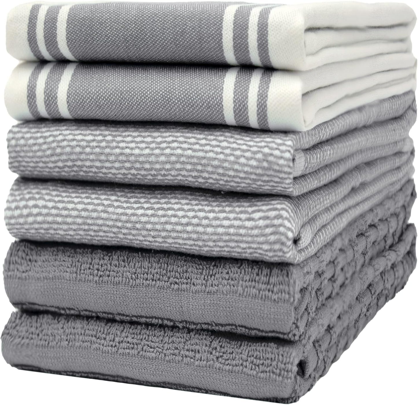 Premium Kitchen Towels (20”x 28”, 6 Pack) | Large Cotton Dish Towels | Flat & Terry Highly Absorbent Kitchen Linen Set with Hanging Loop | Gray
