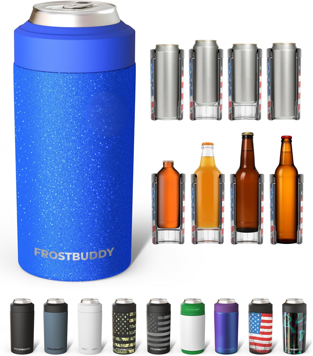 Frost Buddy Universal Can Cooler - Fits All - For Regular 12 & 16 oz or Slim-Size Bottles - Insulated Double-Walled Stainless Steel (MatteBlack)