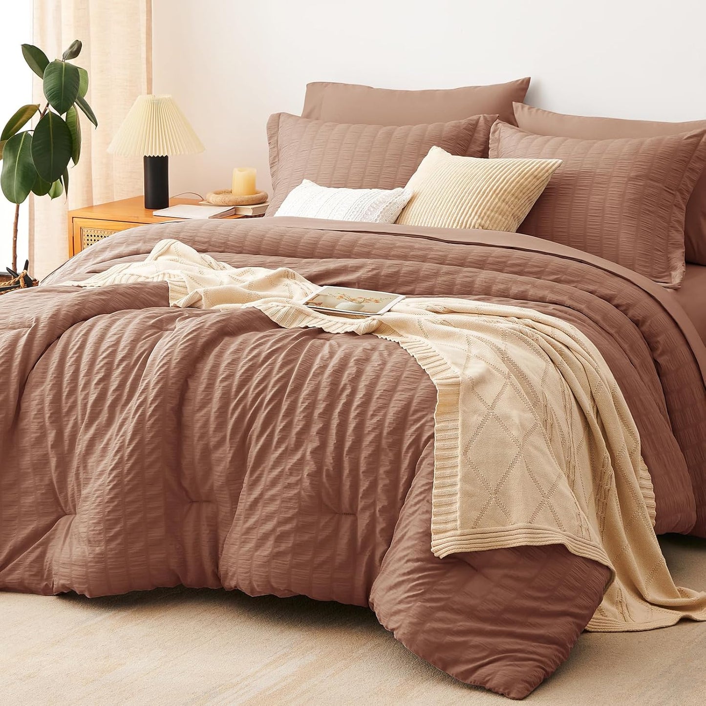 CozyLux Queen Comforter Set White Seersucker 7 Pieces Bed in a Bag Queen Comforter Set with Sheets, Luxury Soft Bedding Set with Down Alternative Comforter, Sheets, Pillowcases & Shams for All Seasons