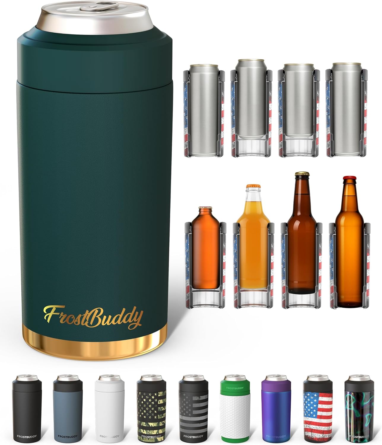 Frost Buddy Universal Can Cooler - Fits All - For Regular 12 & 16 oz or Slim-Size Bottles - Insulated Double-Walled Stainless Steel (MatteBlack)