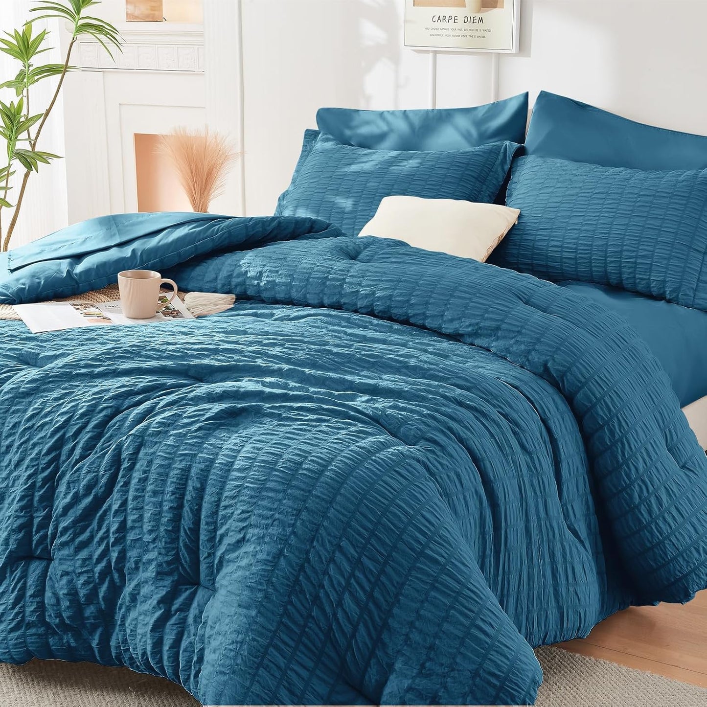 HYMOKEGE Queen Comforter Set Seersucker 7 Pieces, All Season Luxury Bed in a Bag for Bedroom, Bedding Set with Comforters, Sheets, Pillowcases & Shams, Dark Grey
