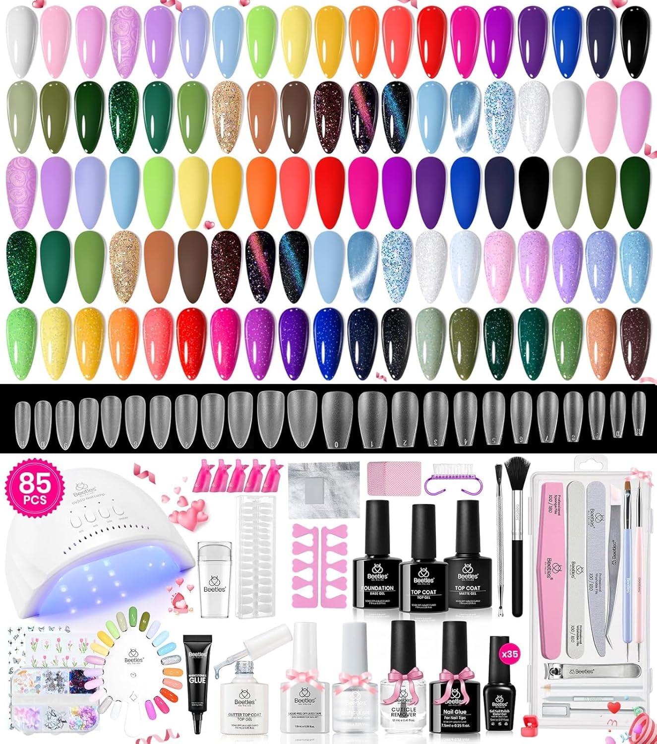 Beetles Gel Nail Polish Kit with U V Light - 80Pcs Color Enchantment 55 Colors Gel Polish Starter Kit with Base Top Coat DIY Nails Supply Stickers Manicure Tools Home Salon Gift for Women Teens Girls