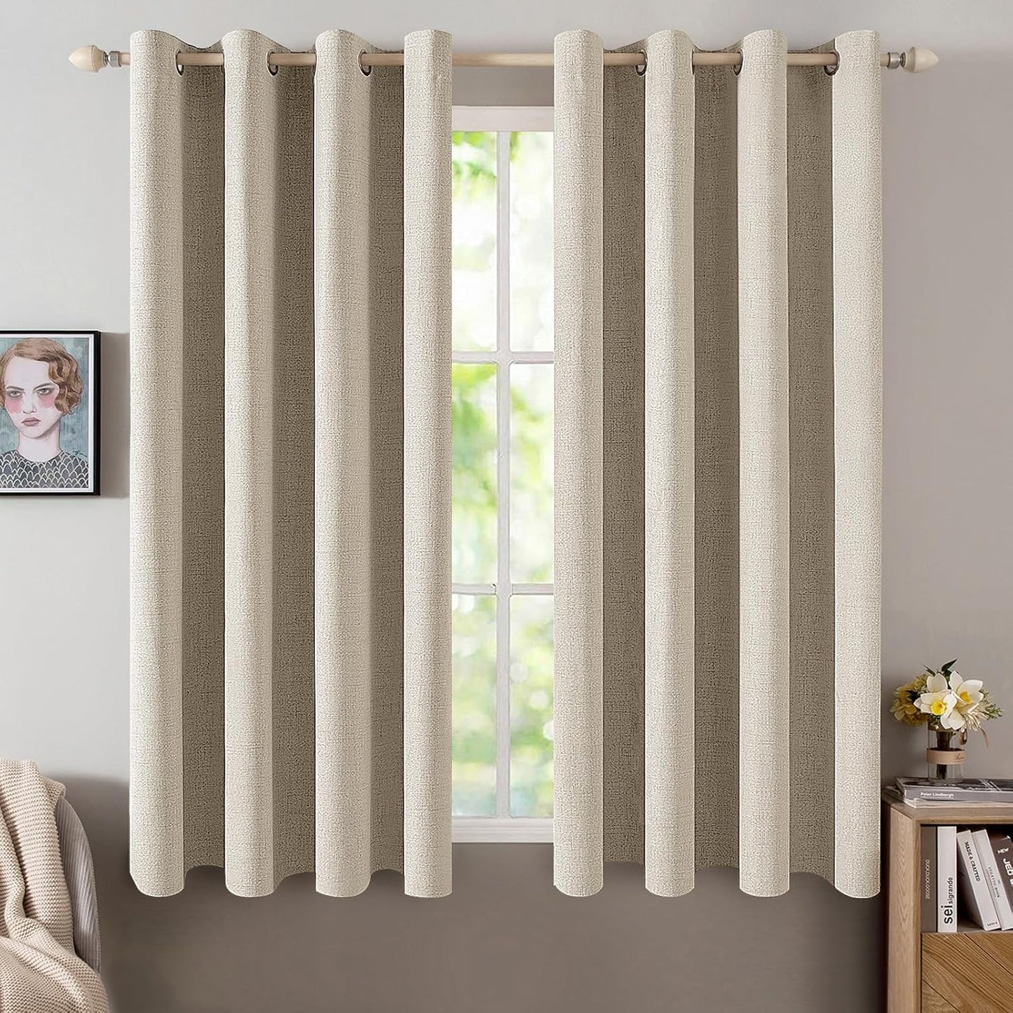 MIULEE 100% Blackout Linen Textured Curtains for Bedroom Solid Thermal Insulated Natural Beige Grommet Room Darkening Curtains & Drapes Luxury Decor for Living Room Nursery 52 x 84 Inch (2 Panels)