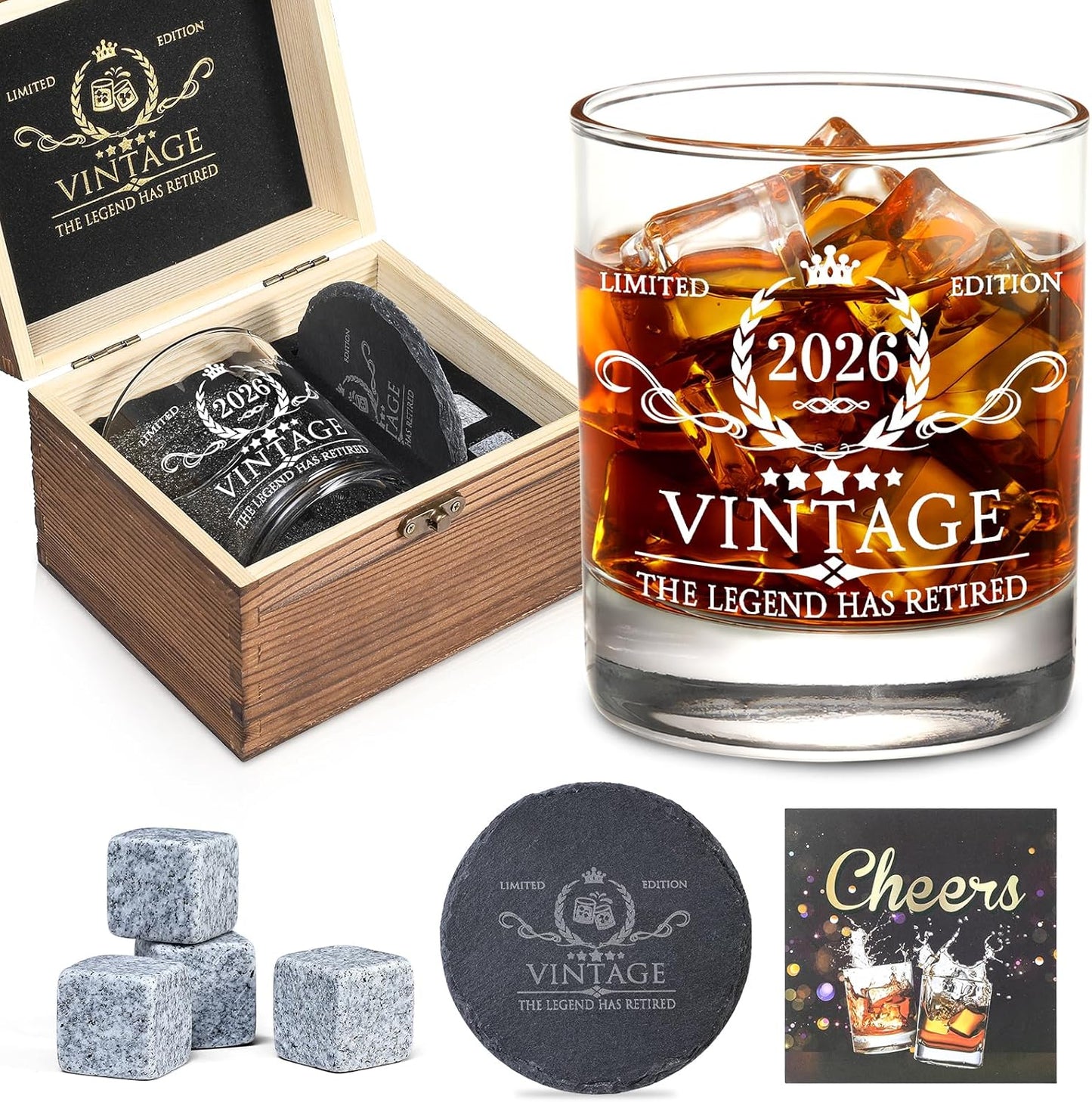 Retirement Gifts for Men Whiskey Glass Set - The Legend Has Retired 2026 - Retirement Party Decorations, Supplies - Gifts Ideas for Him, Dad, Husband, Friends - Wood Box & Whiskey Stones & Coaster