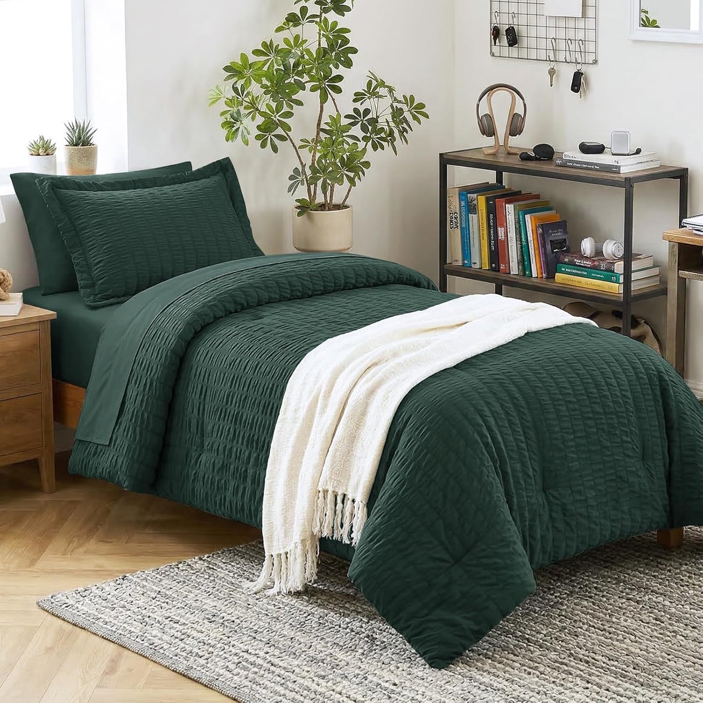 CozyLux Queen Comforter Set White Seersucker 7 Pieces Bed in a Bag Queen Comforter Set with Sheets, Luxury Soft Bedding Set with Down Alternative Comforter, Sheets, Pillowcases & Shams for All Seasons
