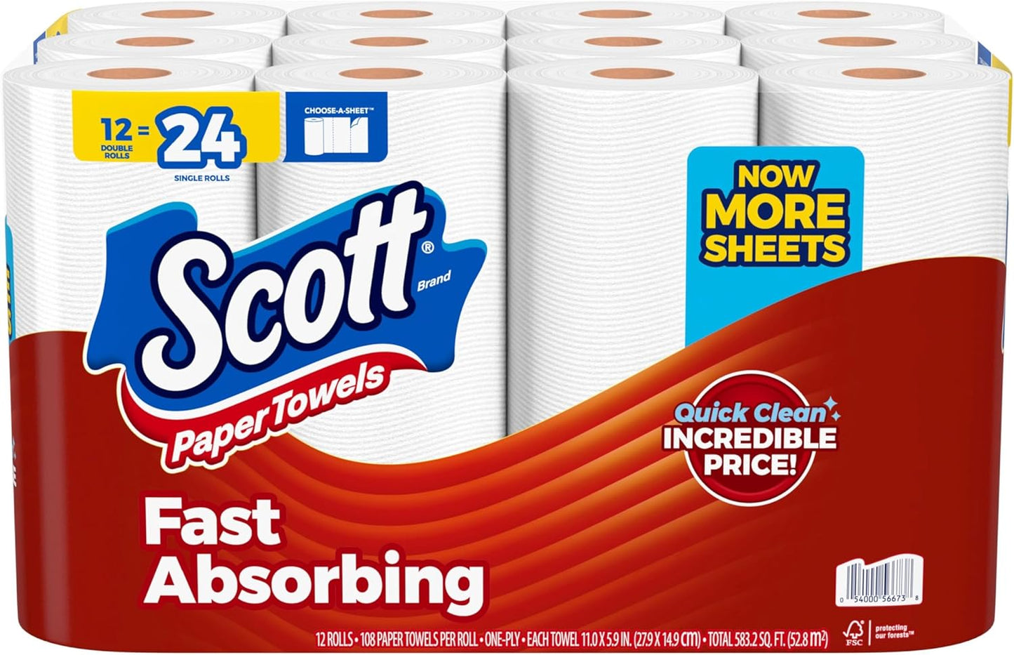 Scott Paper Towels, Choose-A-Sheet, 6 Double Rolls = 12 Regular Rolls (108 Sheets Per Roll)