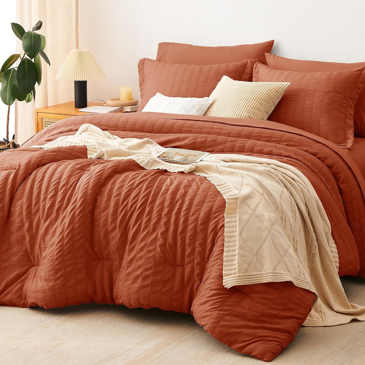 CozyLux Queen Comforter Set White Seersucker 7 Pieces Bed in a Bag Queen Comforter Set with Sheets, Luxury Soft Bedding Set with Down Alternative Comforter, Sheets, Pillowcases & Shams for All Seasons