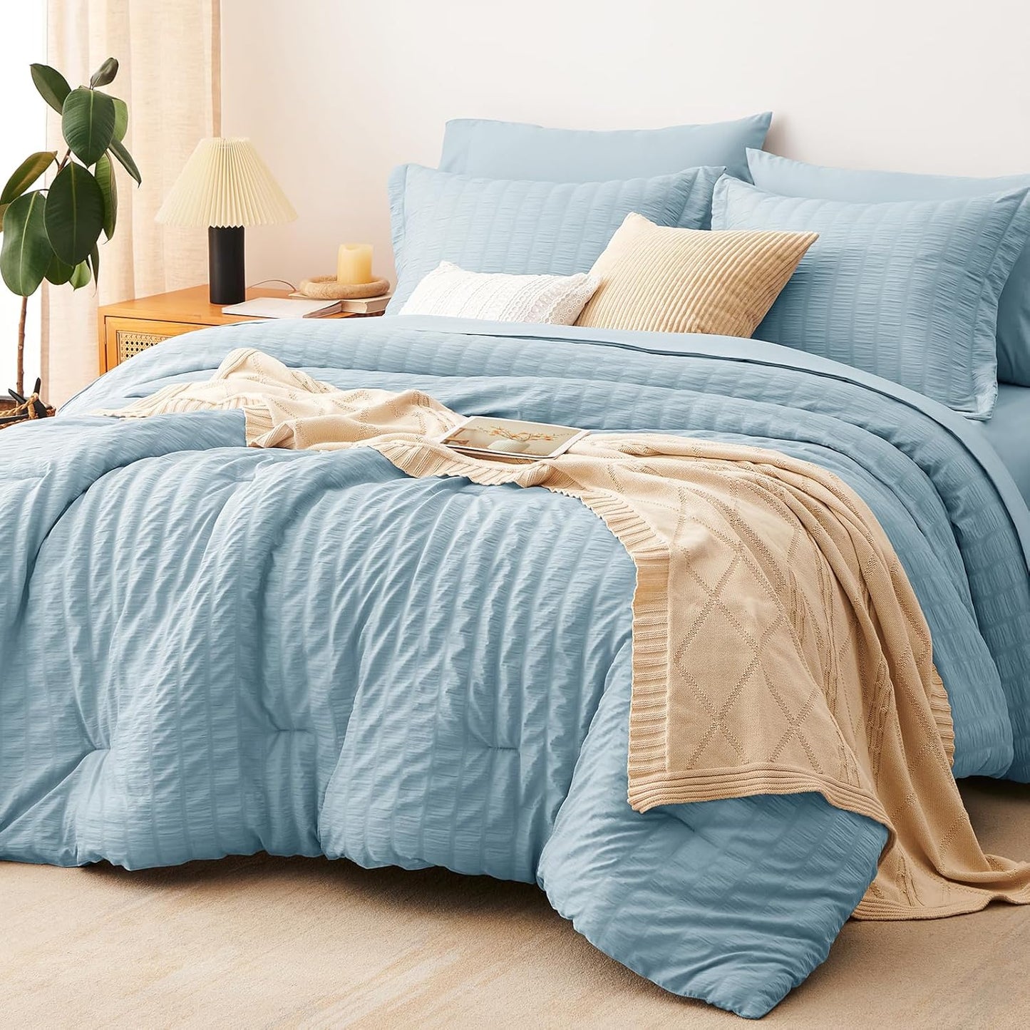 CozyLux Queen Comforter Set White Seersucker 7 Pieces Bed in a Bag Queen Comforter Set with Sheets, Luxury Soft Bedding Set with Down Alternative Comforter, Sheets, Pillowcases & Shams for All Seasons