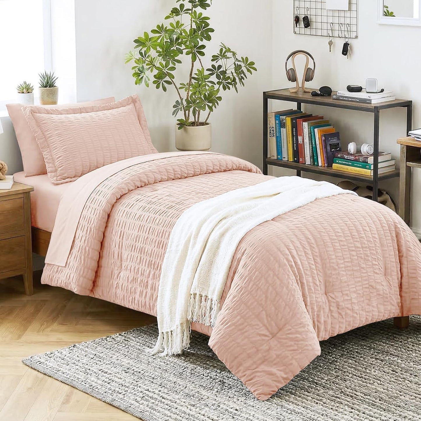 CozyLux Queen Comforter Set White Seersucker 7 Pieces Bed in a Bag Queen Comforter Set with Sheets, Luxury Soft Bedding Set with Down Alternative Comforter, Sheets, Pillowcases & Shams for All Seasons