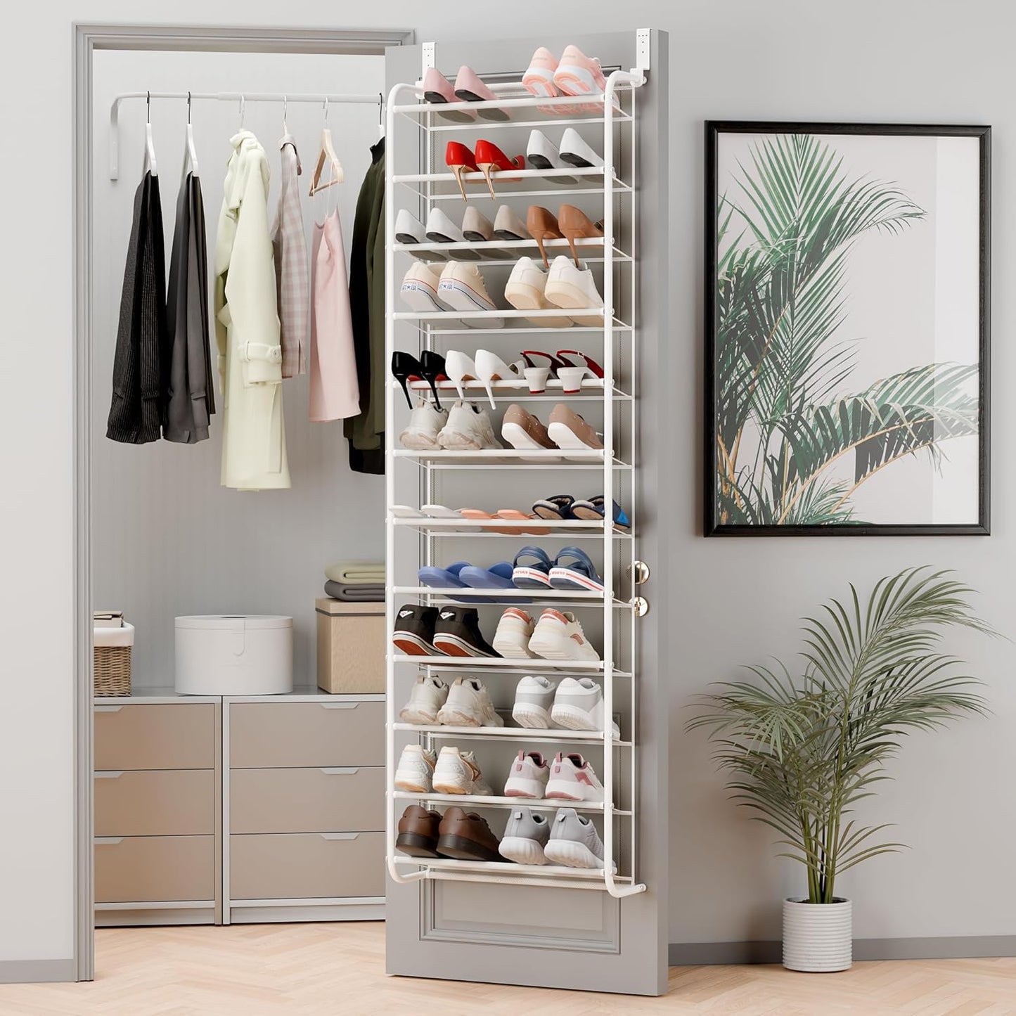Whitmor 36 Pair Over The Door Shoe Organizer, 12 Tier Hanging Shoe Organizer, Heavy Duty Metal & Mesh Shoe Holder, Hanging Shoe Rack for Closet Organizer & Storage, 69"L x 21.7"W x 7.5"H, White