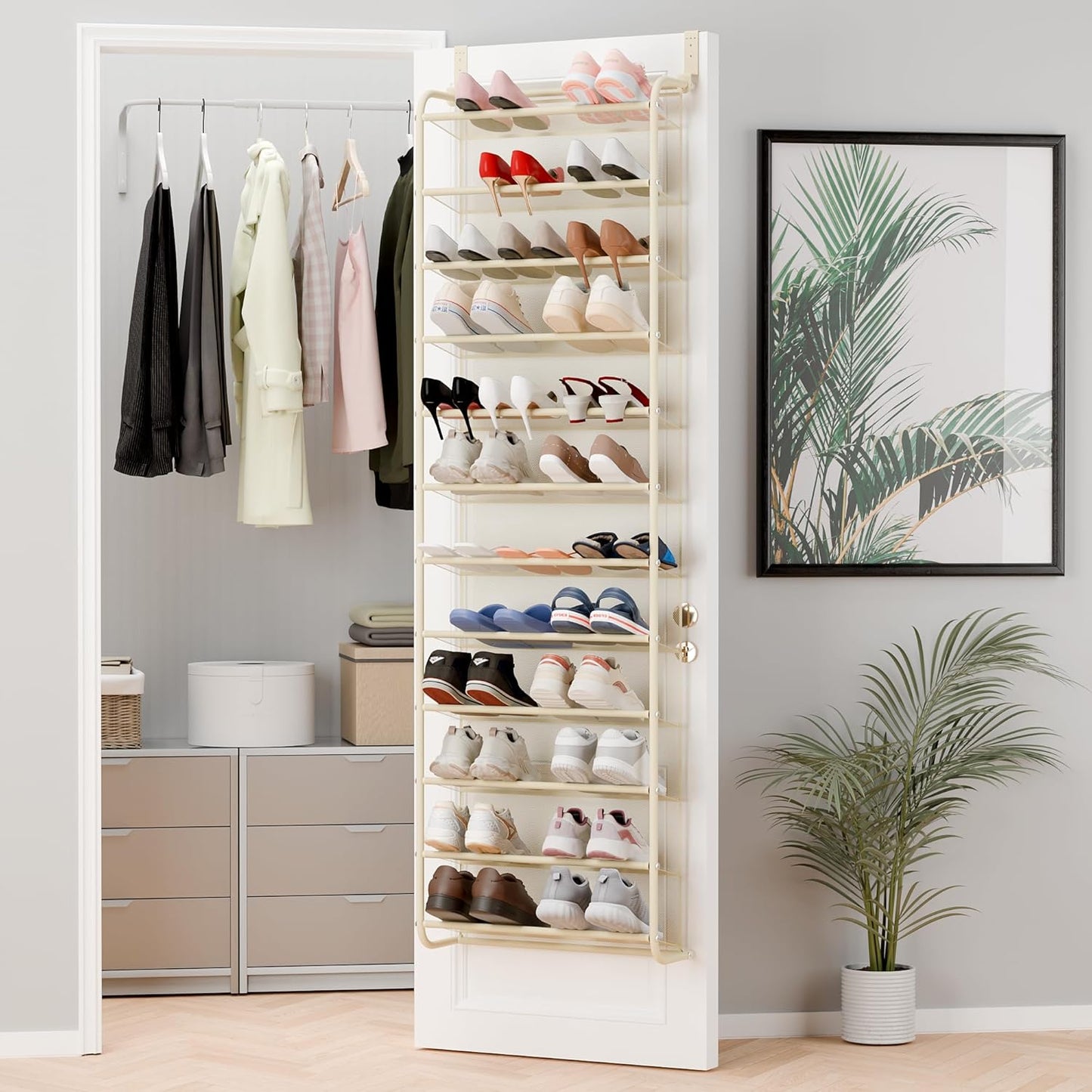 Whitmor 36 Pair Over The Door Shoe Organizer, 12 Tier Hanging Shoe Organizer, Heavy Duty Metal & Mesh Shoe Holder, Hanging Shoe Rack for Closet Organizer & Storage, 69"L x 21.7"W x 7.5"H, White