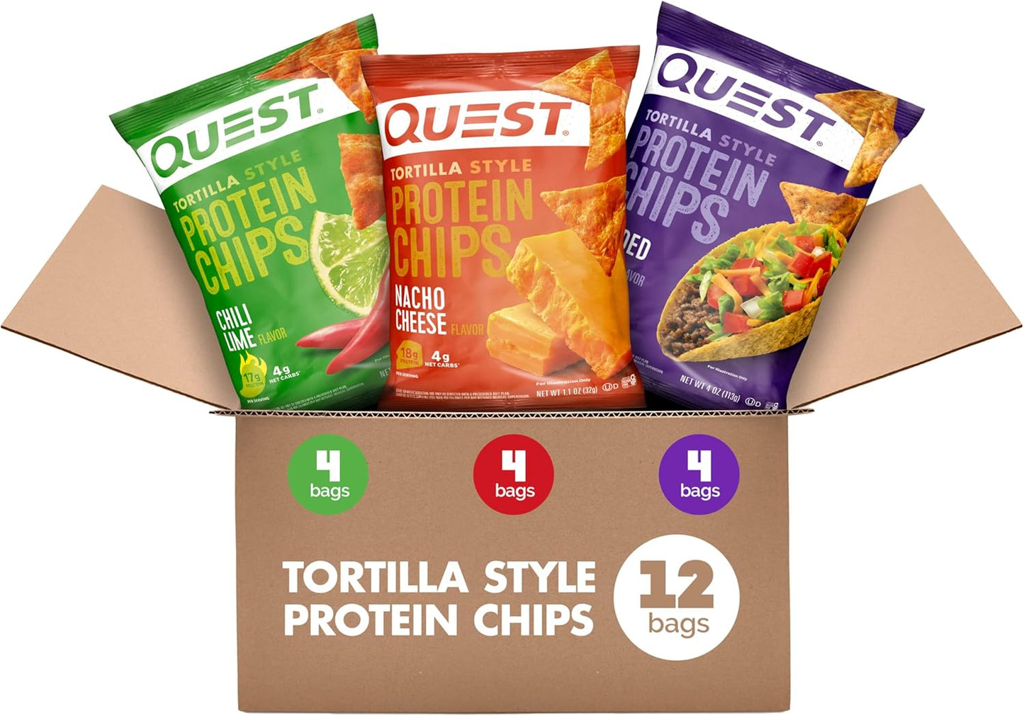 Quest Nutrition Nacho Cheese Tortilla Style Protein Chips, 18g Protein, 4g Net Carb, Low Carb, Gluten Free, 1.1 oz (Pack of 12)
