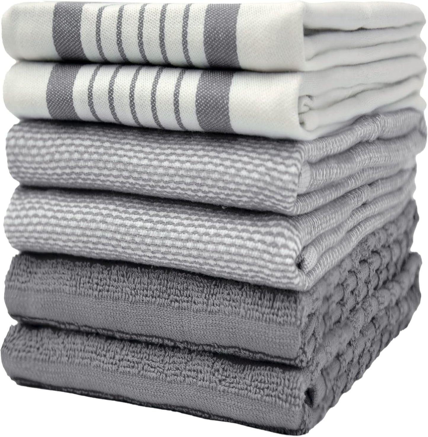 Premium Kitchen Towels (20”x 28”, 6 Pack) | Large Cotton Dish Towels | Flat & Terry Highly Absorbent Kitchen Linen Set with Hanging Loop | Gray
