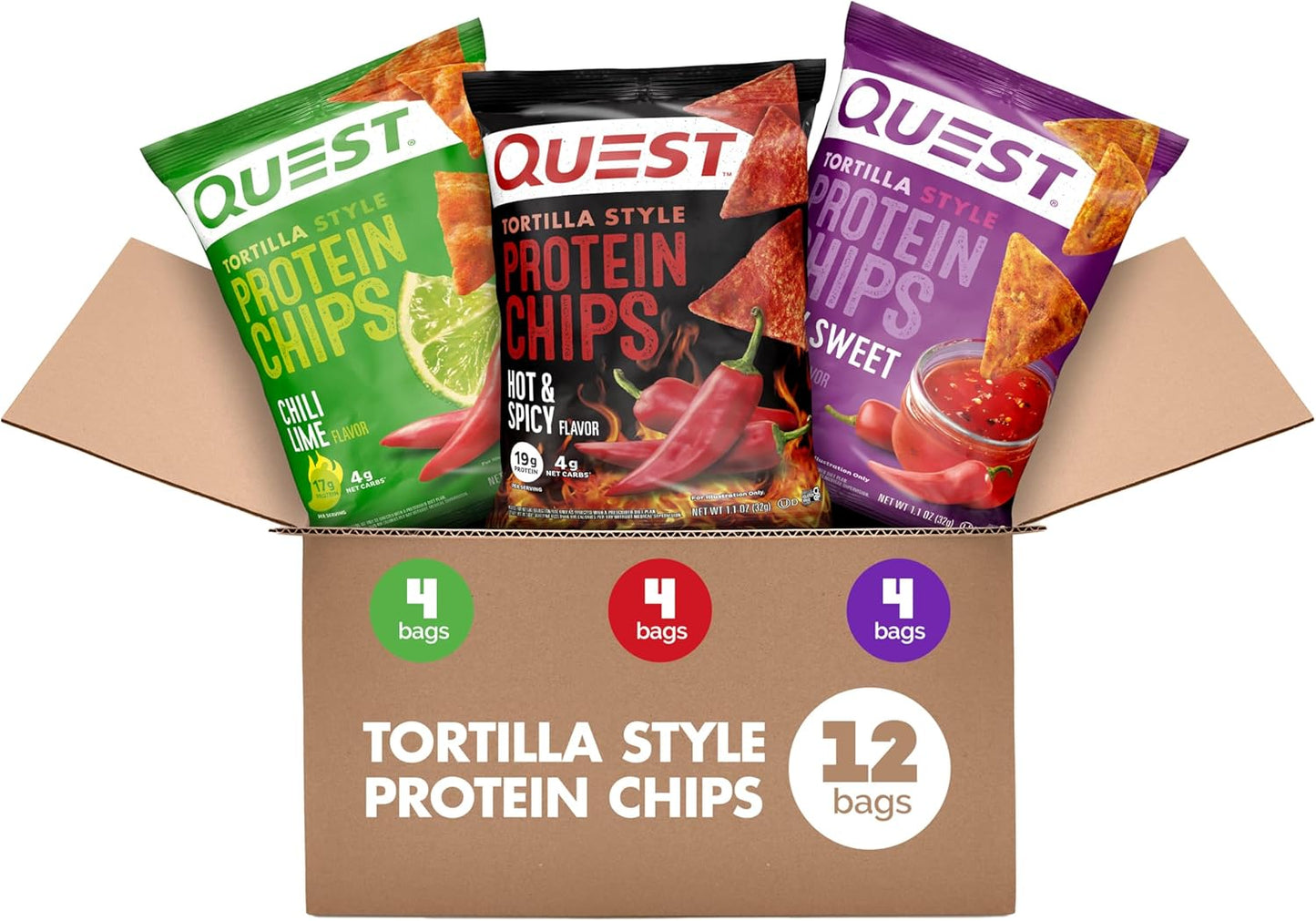 Quest Nutrition Nacho Cheese Tortilla Style Protein Chips, 18g Protein, 4g Net Carb, Low Carb, Gluten Free, 1.1 oz (Pack of 12)