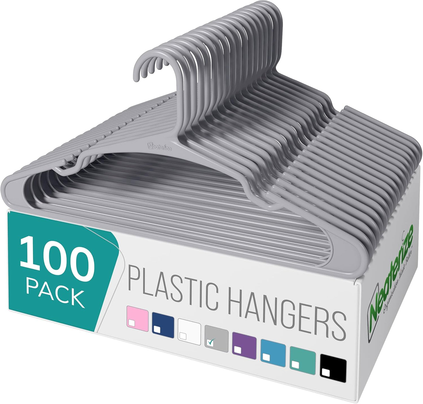 NEATERIZE Clothes Hangers Plastic 100 Pack for Adults - Plastic Hangers, The Perfect Coat Hanger and Space Saving Clothes Hangers for Closet - White Hangers