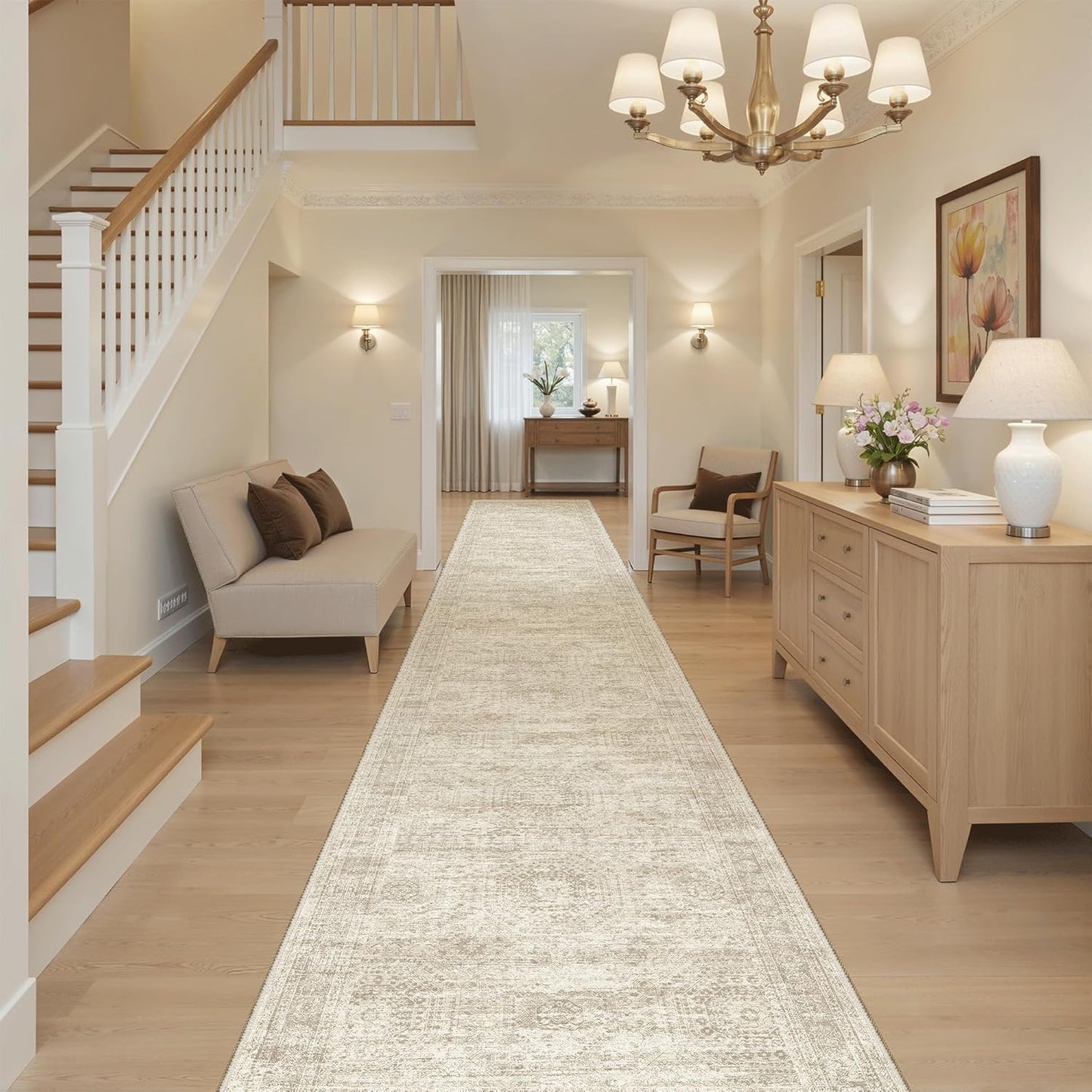 Washable Area Rug 8x10, Large Soft Rugs for Living Room Vintage Beige Carpet 8x10 Area Rugs for Bedroom Dining Room Non-Slip Stain Resistant Under Table Rug