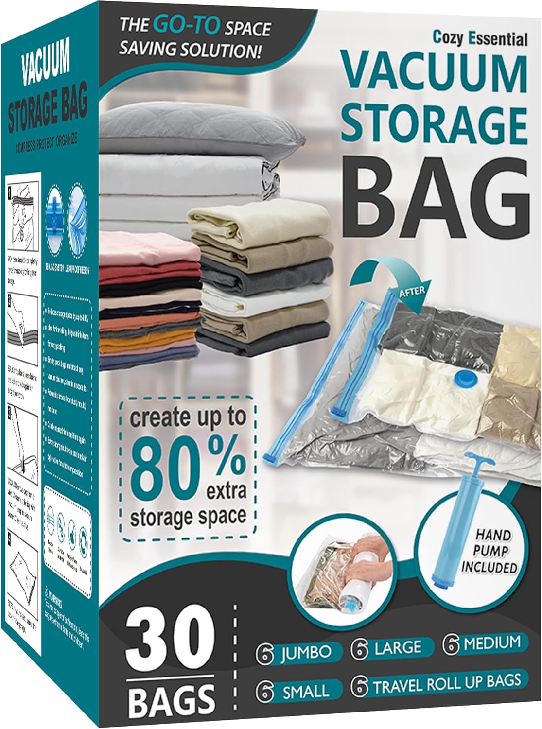 Cozy Essential Vacuum Storage Bags, 80% Compression Vacuum Seal Space Saver Plastic Packaging Bags for Clothes, Blankets, Pillow, Bedding, Comforters, Sealer Clothing Storage,20 Combo