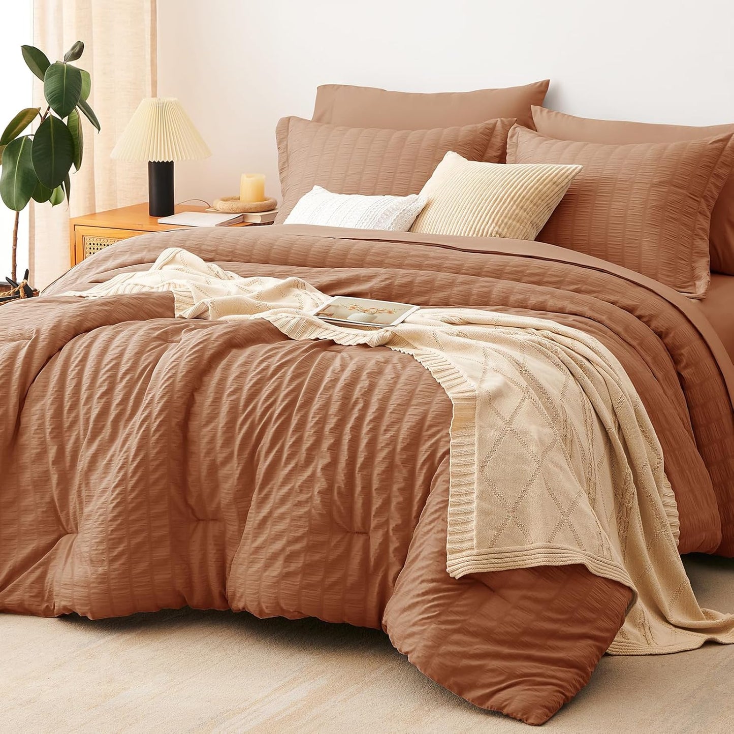 CozyLux Queen Comforter Set White Seersucker 7 Pieces Bed in a Bag Queen Comforter Set with Sheets, Luxury Soft Bedding Set with Down Alternative Comforter, Sheets, Pillowcases & Shams for All Seasons